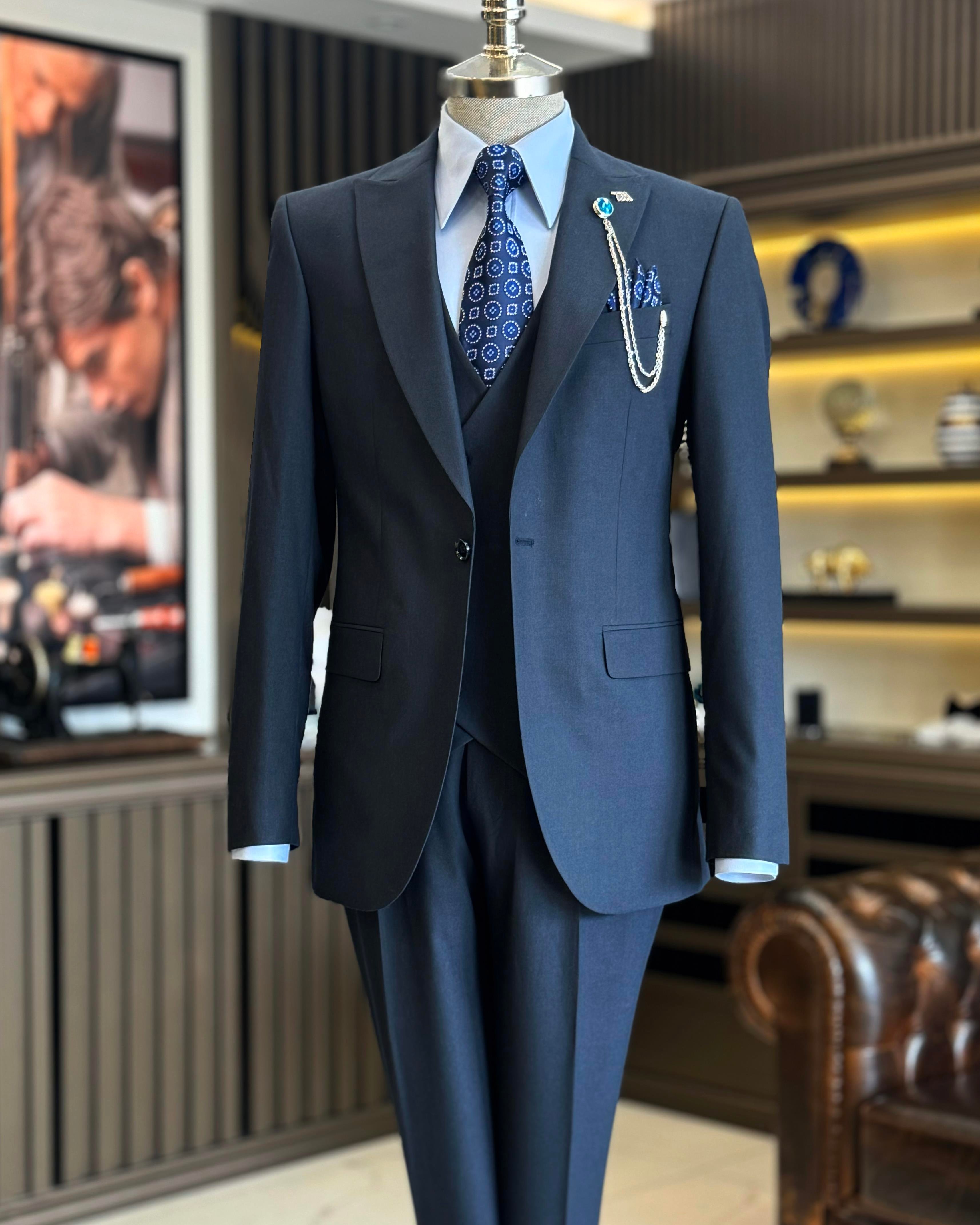 İtalyan stil ceket yelek pantolon takım elbise lacivert T12806