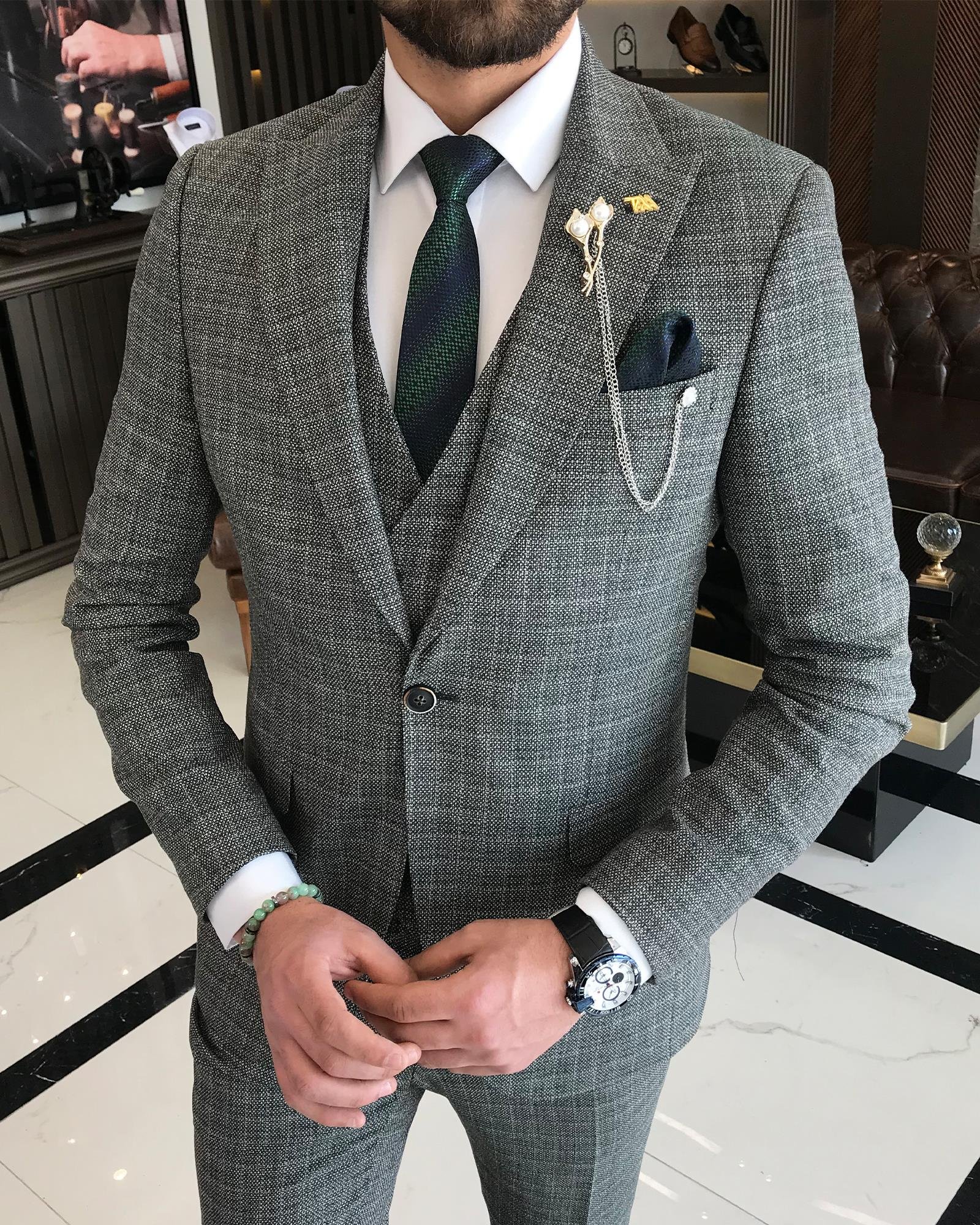 Italian style jacket vest pant suit green T9094