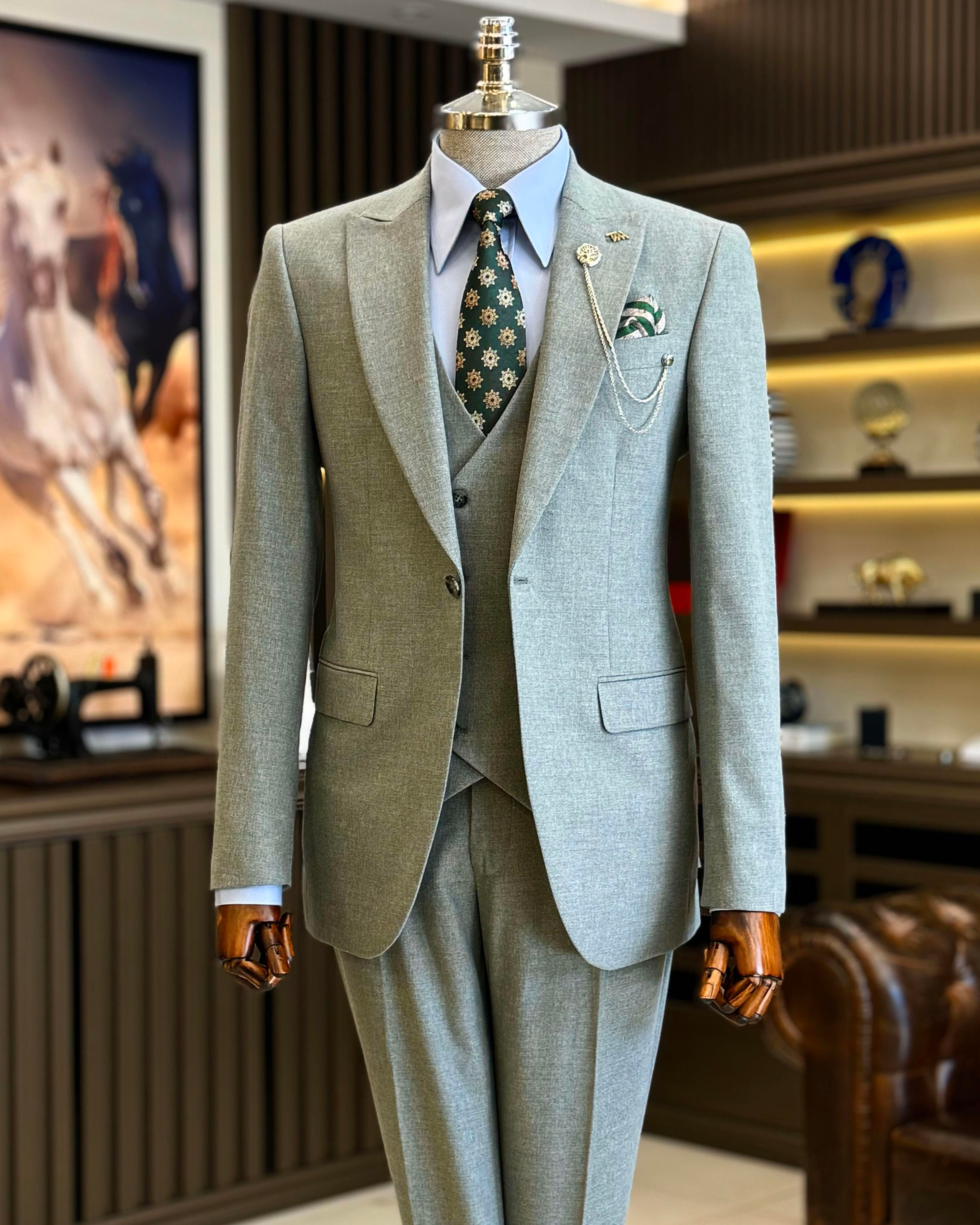 İtalyan stil ceket yelek pantolon takım elbise yeşil T12560