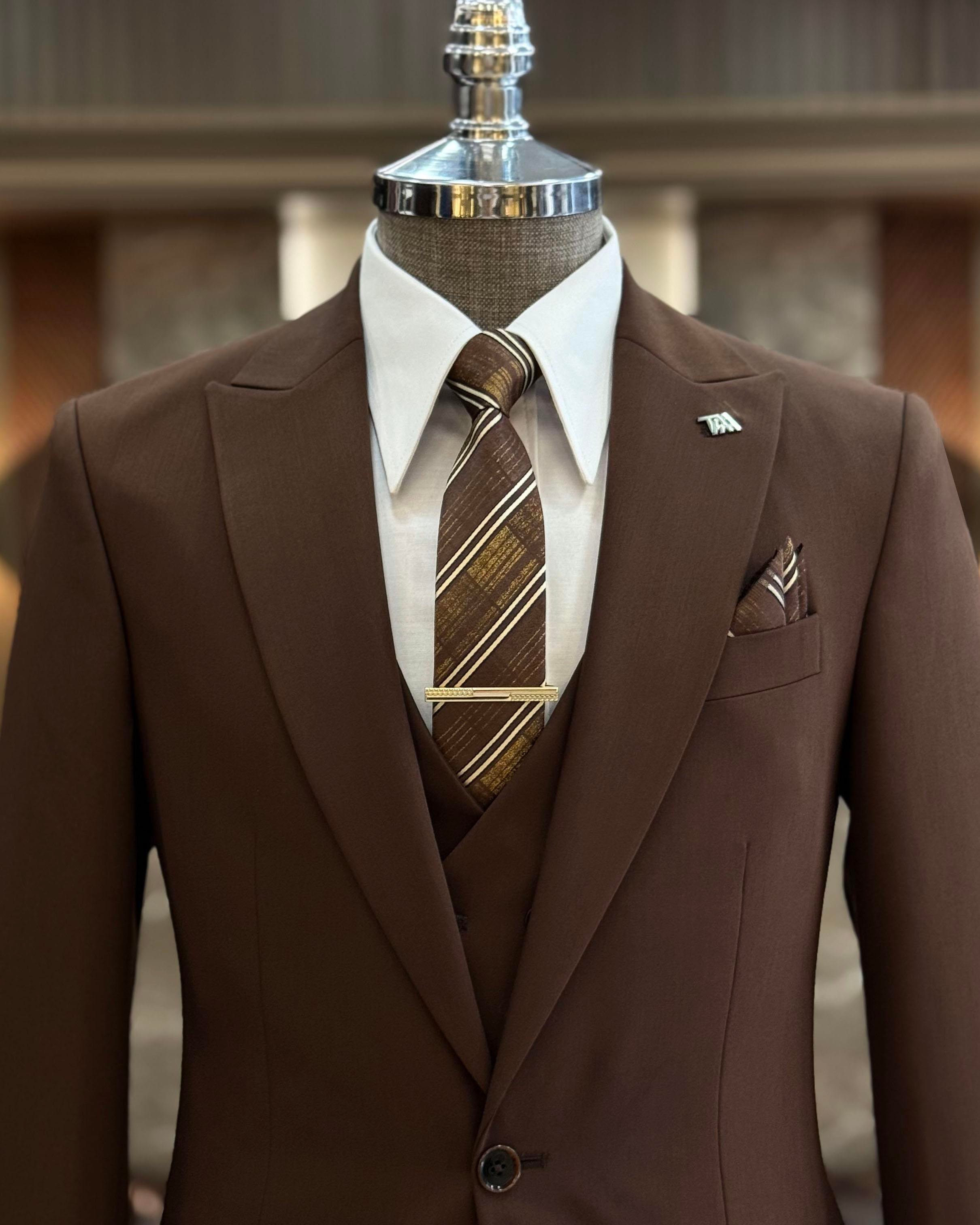 İtalyan stil ceket yelek pantolon takım elbise kahverengi T12015