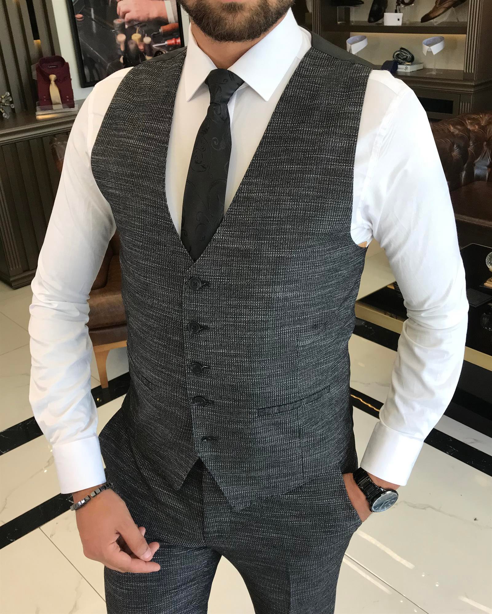 Italian Style Jacket Vest Trousers Suit Black T8631