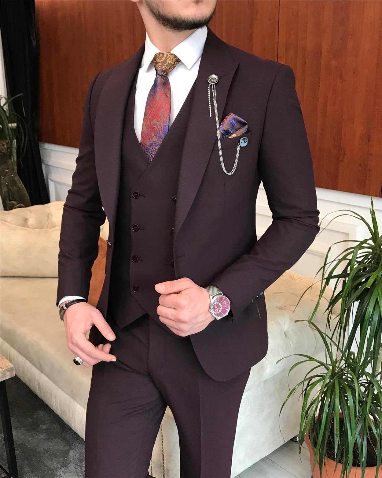 İtalyan stil  ceket yelek pantolon takım elbise Bordo T6777