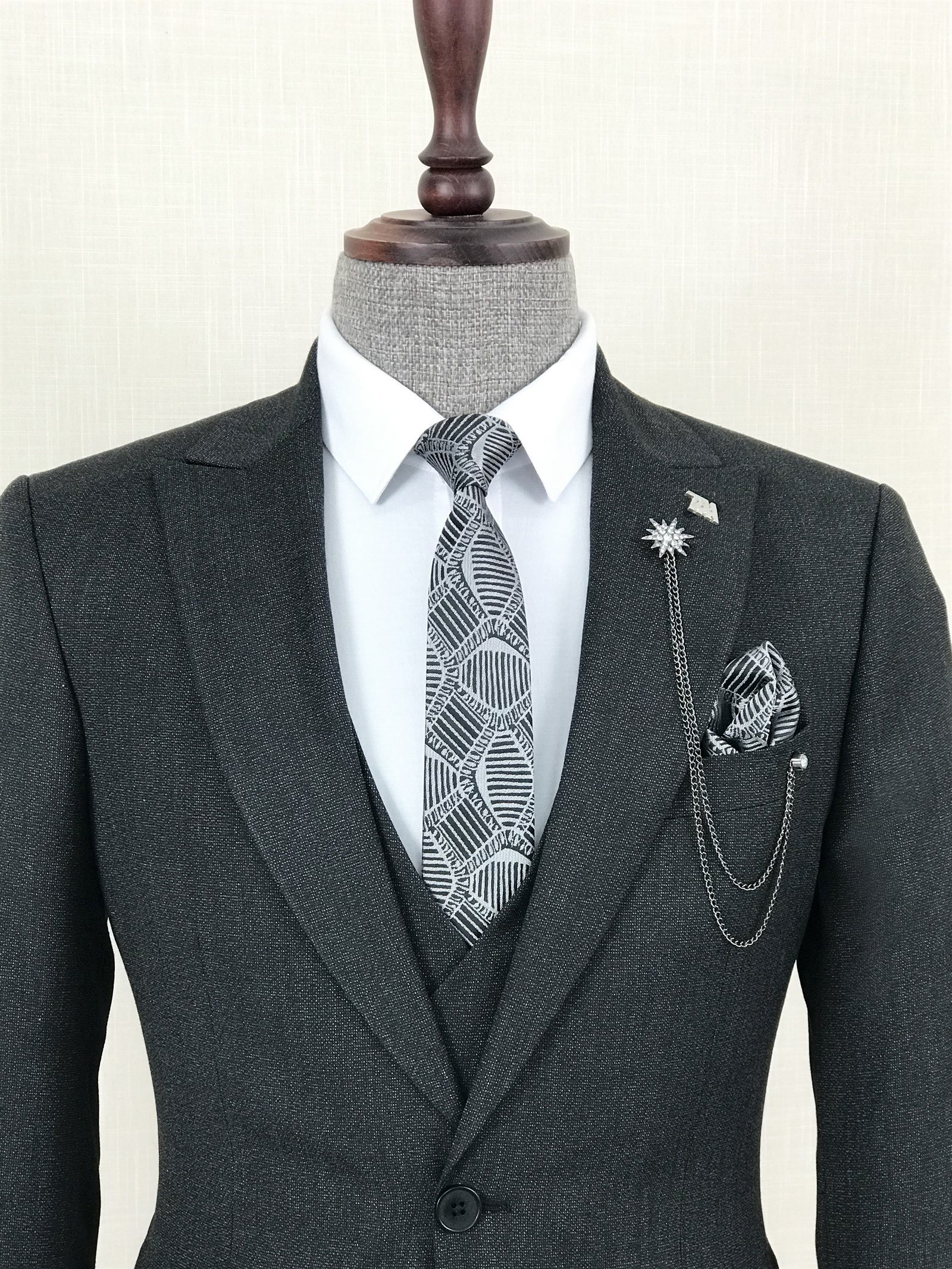 İtalyan stil ceket yelek pantolon takım elbise Siyah T8609