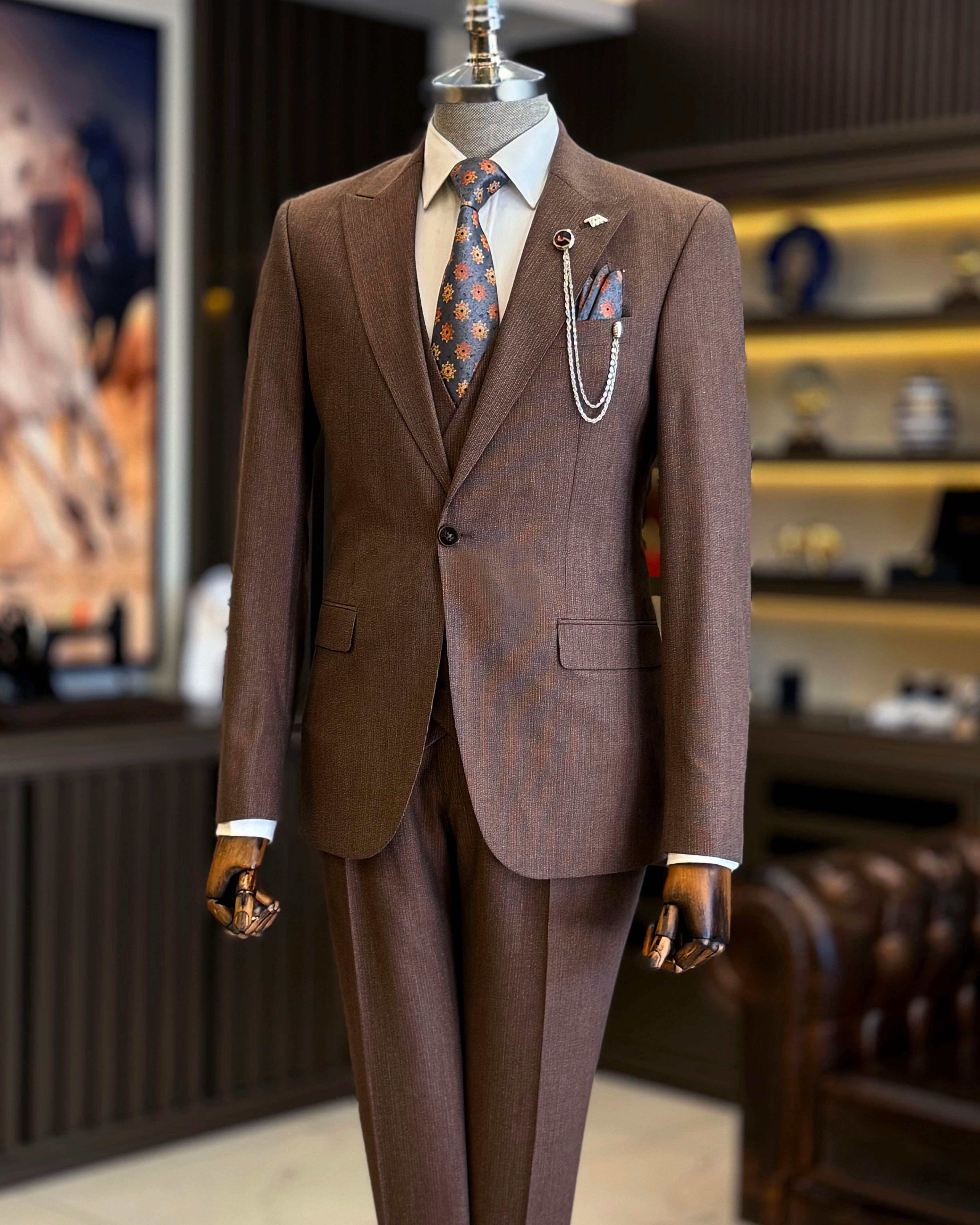 İtalyan stil ceket yelek pantolon takım elbise kiremit T12875
