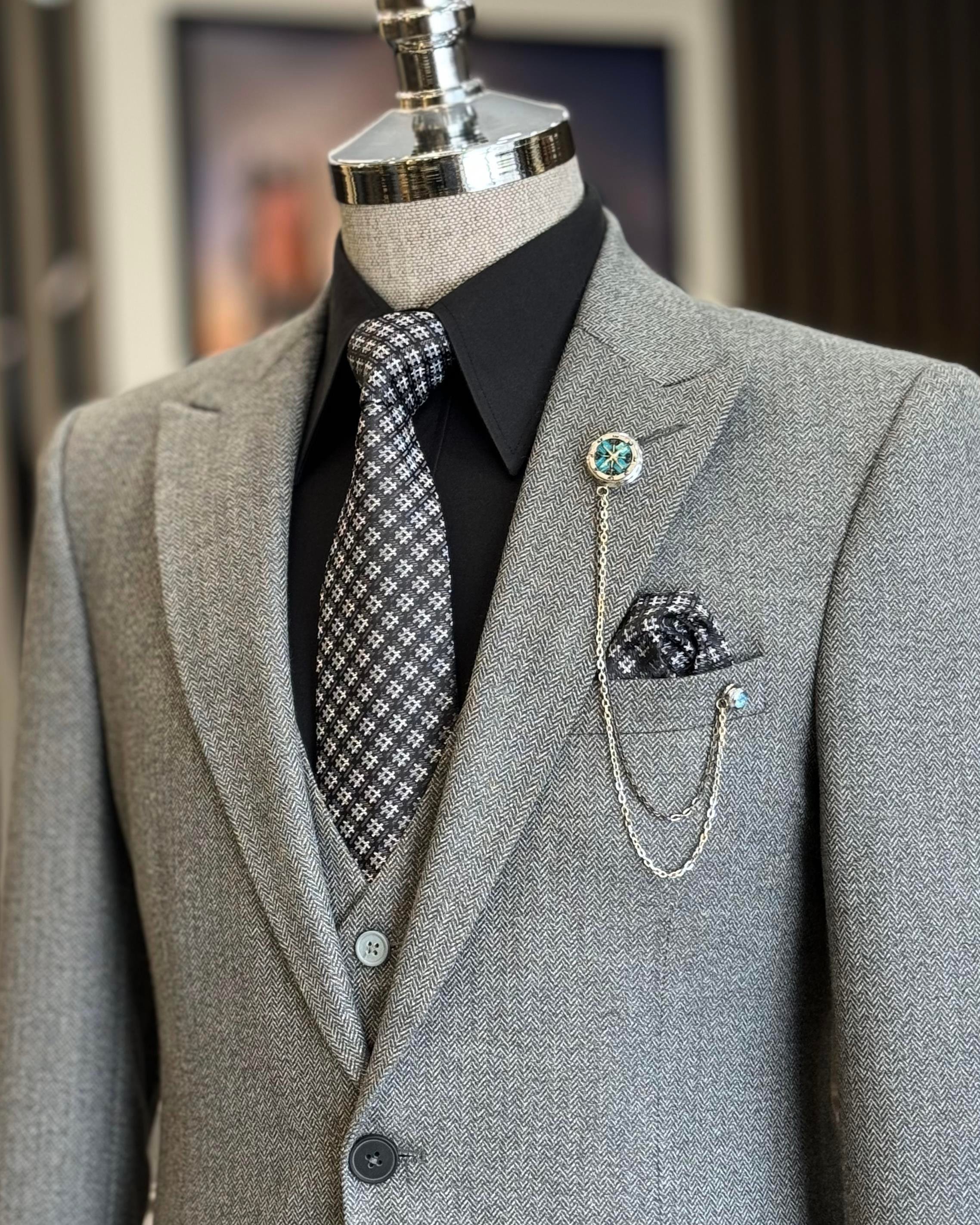 İtalyan stil ceket yelek pantolon takım elbise gri T12879