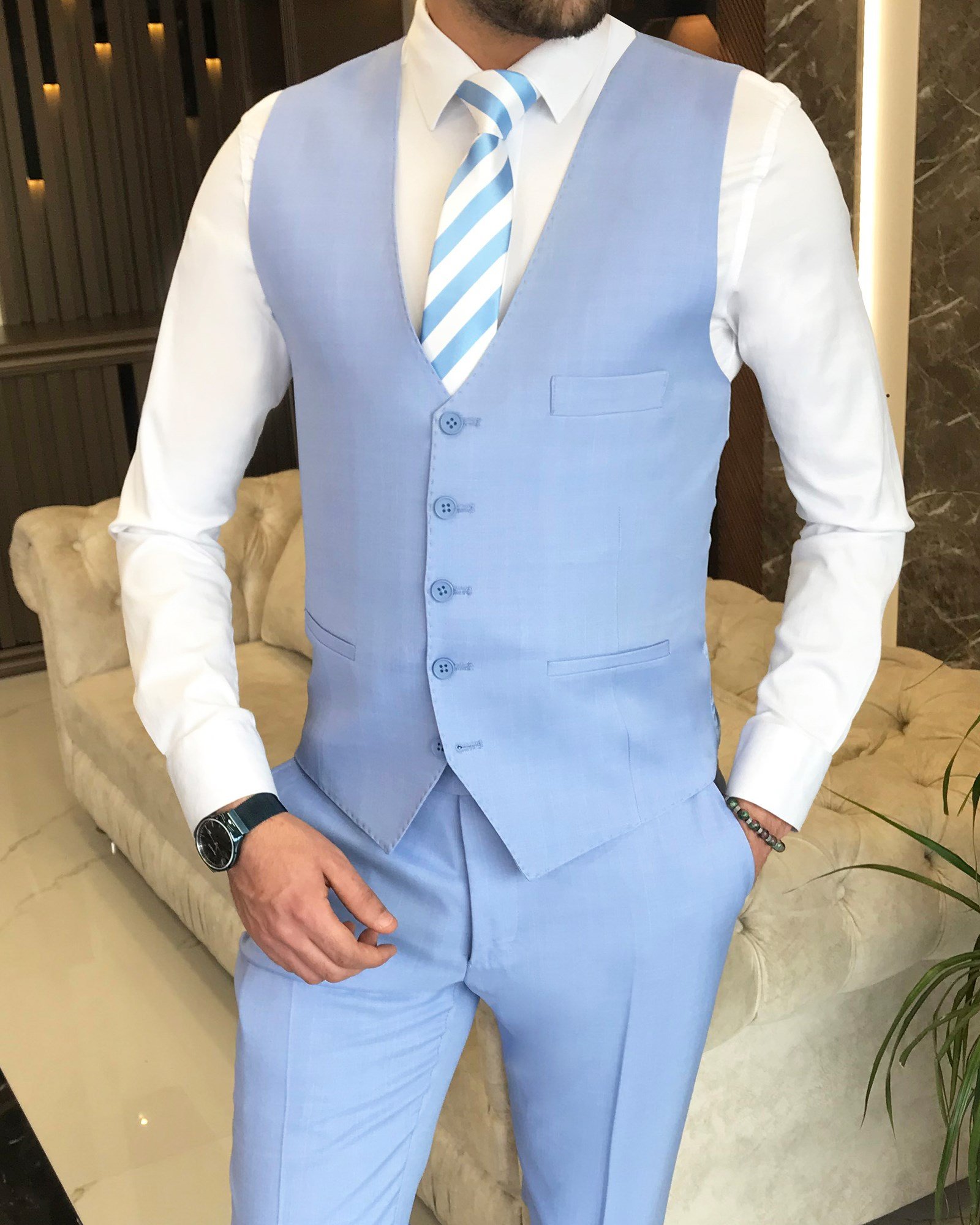 İtalyan stil  ceket yelek pantolon takım elbise Mavi T8634