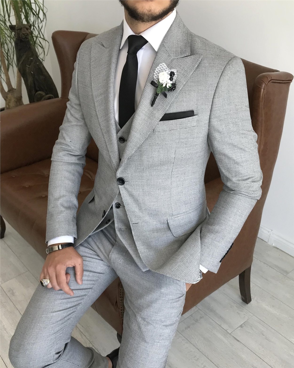 İtalyan stil ceket yelek pantolon takım elbise Gri T7670