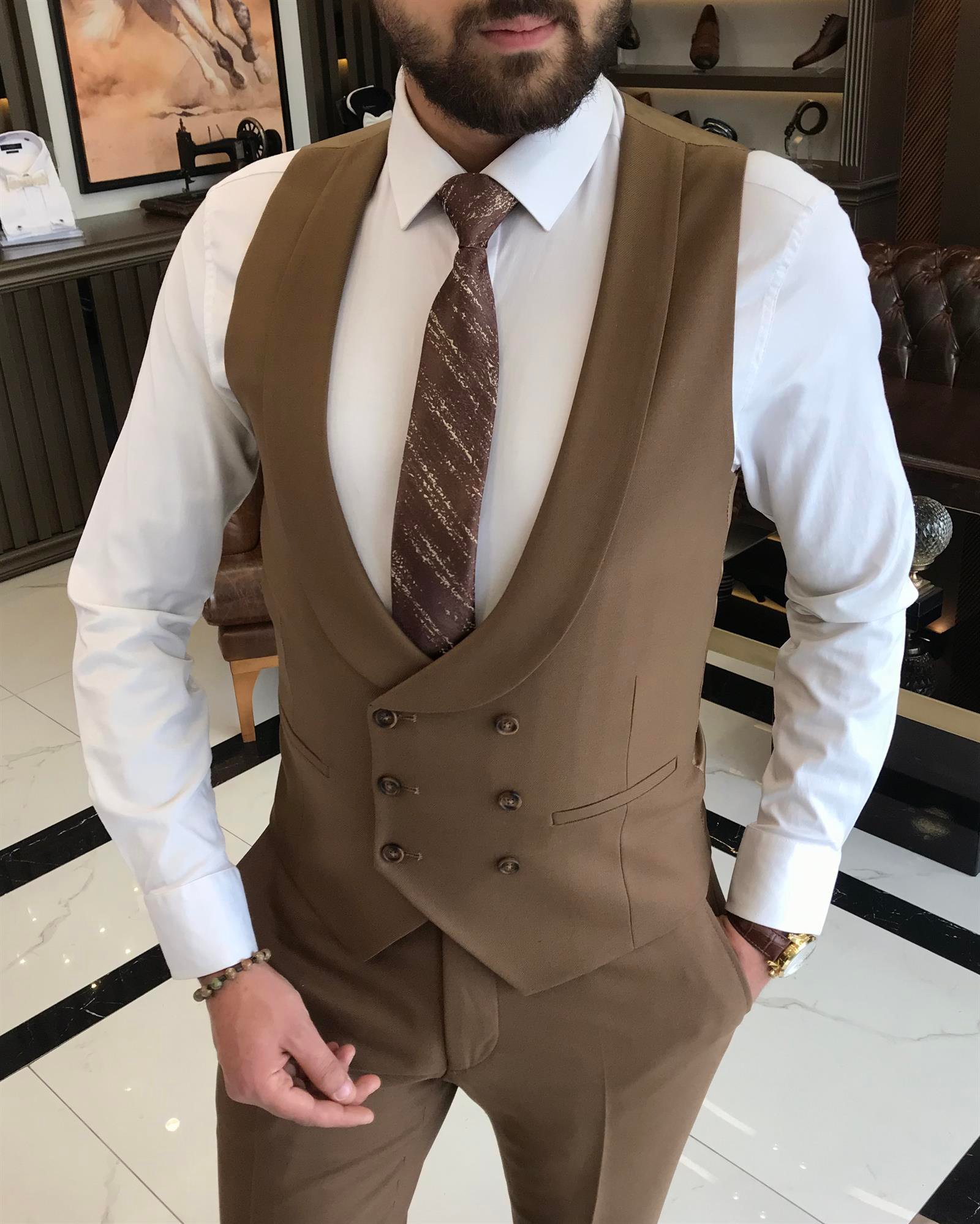 Italian style jacket vest pant suit brown T9079