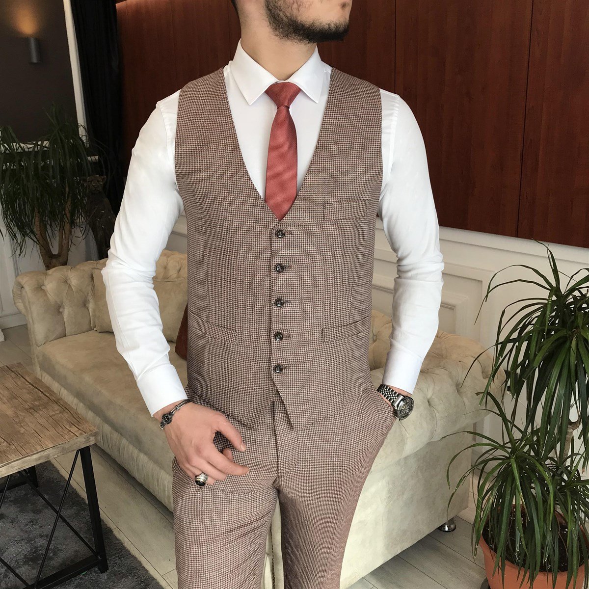 İtalyan stil ceket yelek pantolon takım elbise turuncu T7009