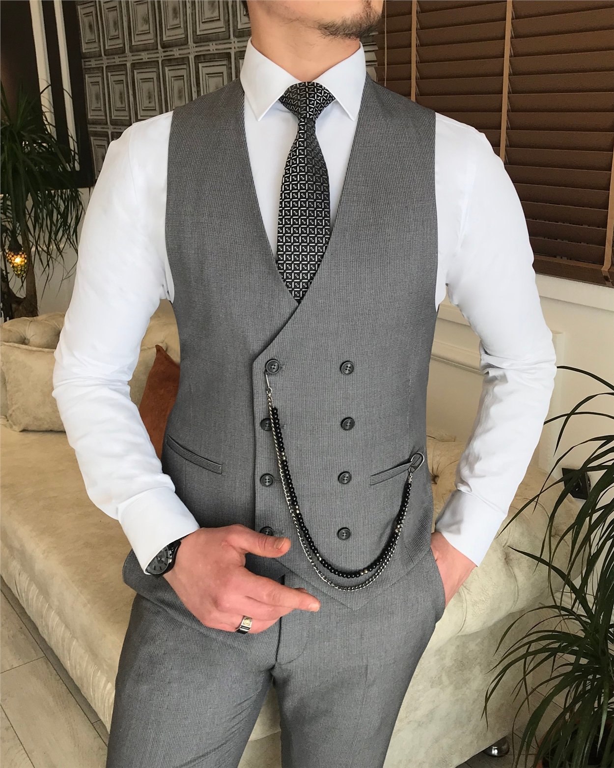 İtalyan stil ceket yelek pantolon takım elbise Gri T5742