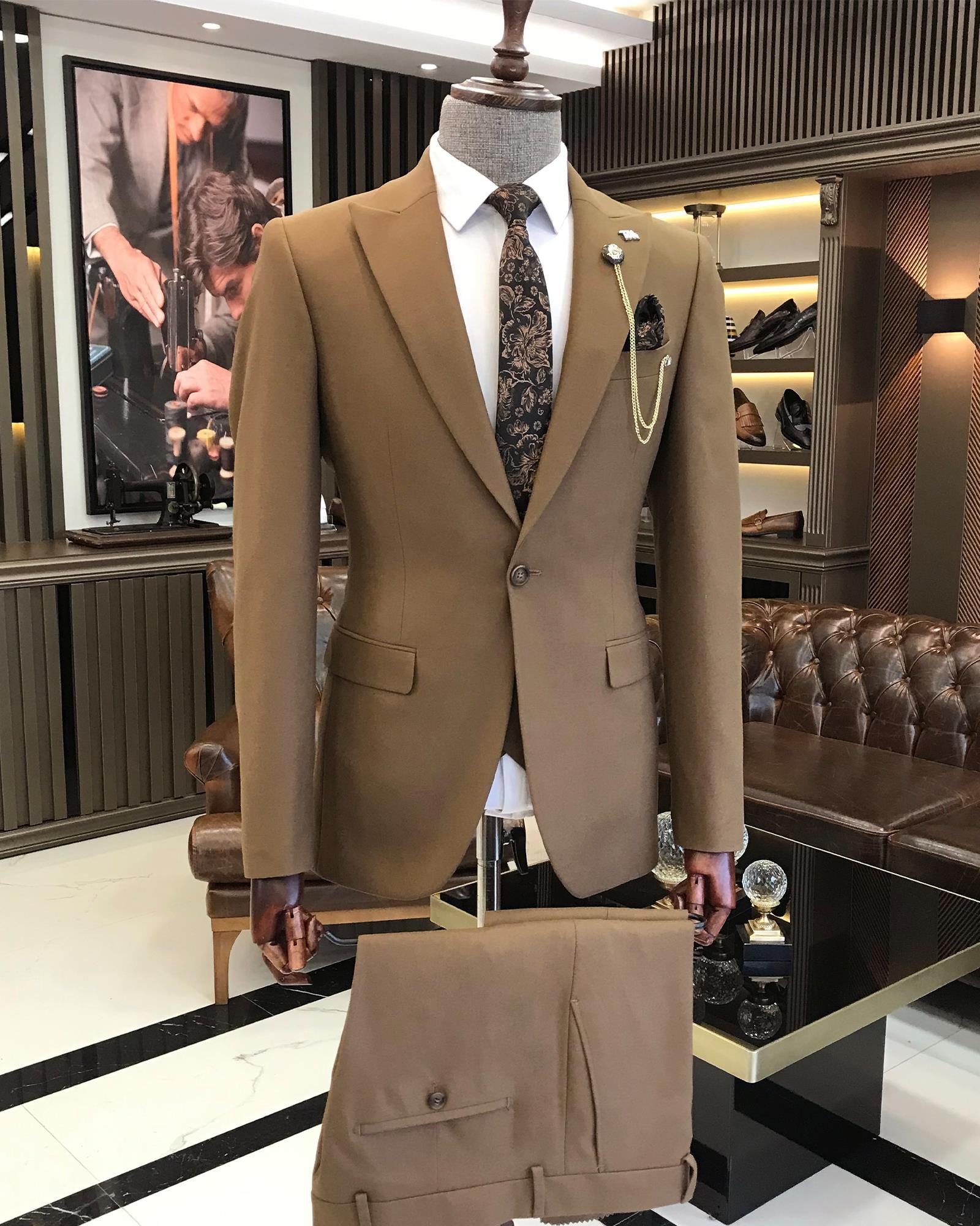 Italian style jacket vest pant suit brown T9079