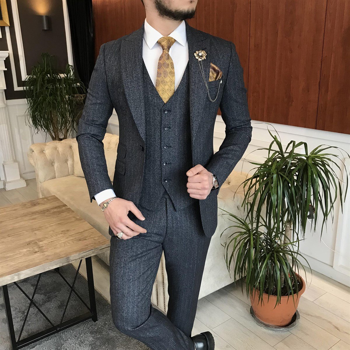 İtalyan stil ceket yelek pantolon takım elbise lacivert  T6993