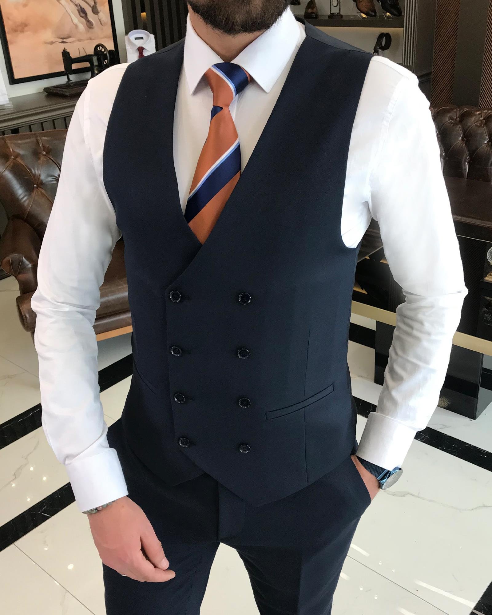 Italian style jacket vest pant suit navy blue T9083
