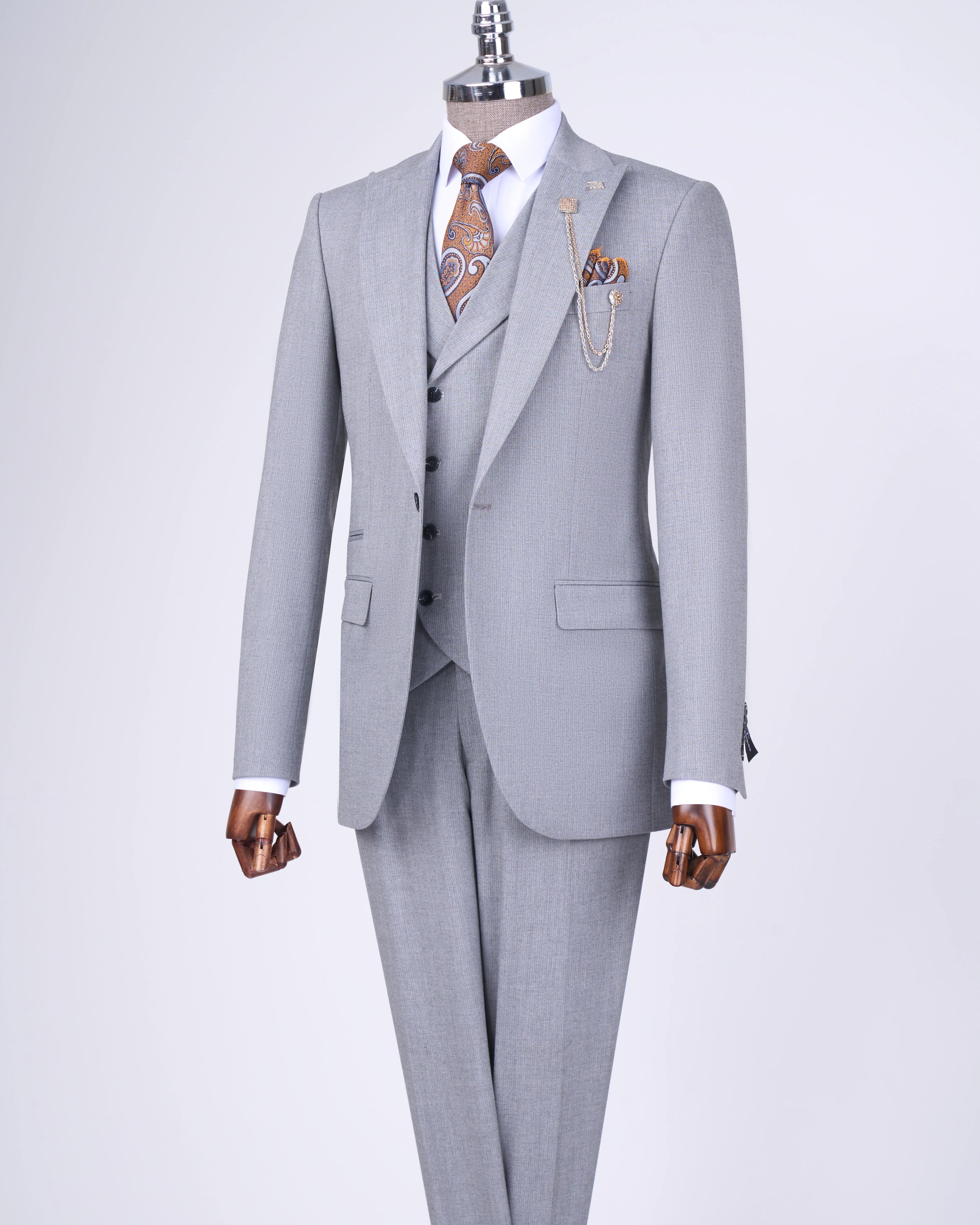 Italian style jacket vest trouser suit light gray T12817