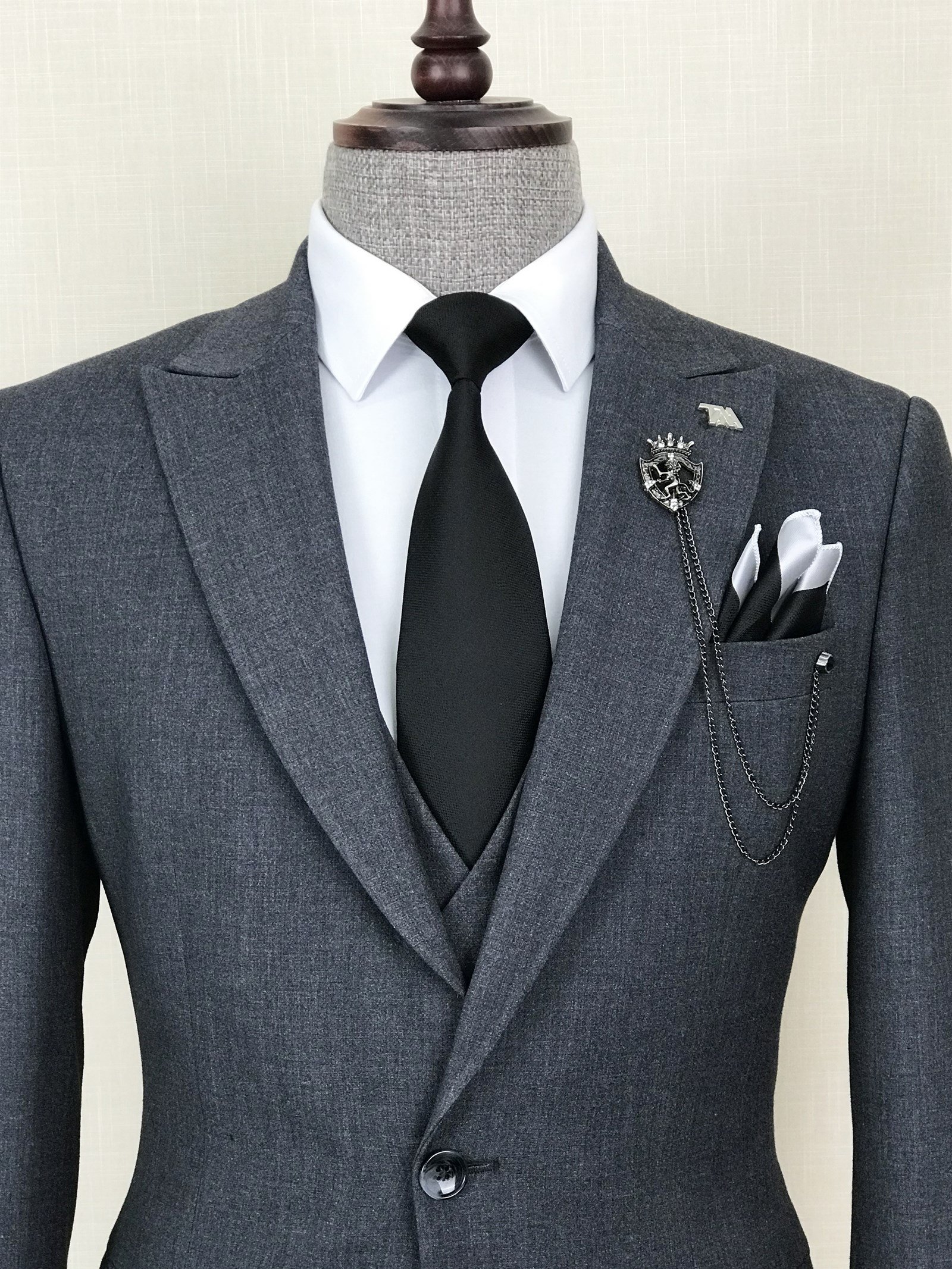 İtalyan stil ceket yelek pantolon takım elbise Gri T8617