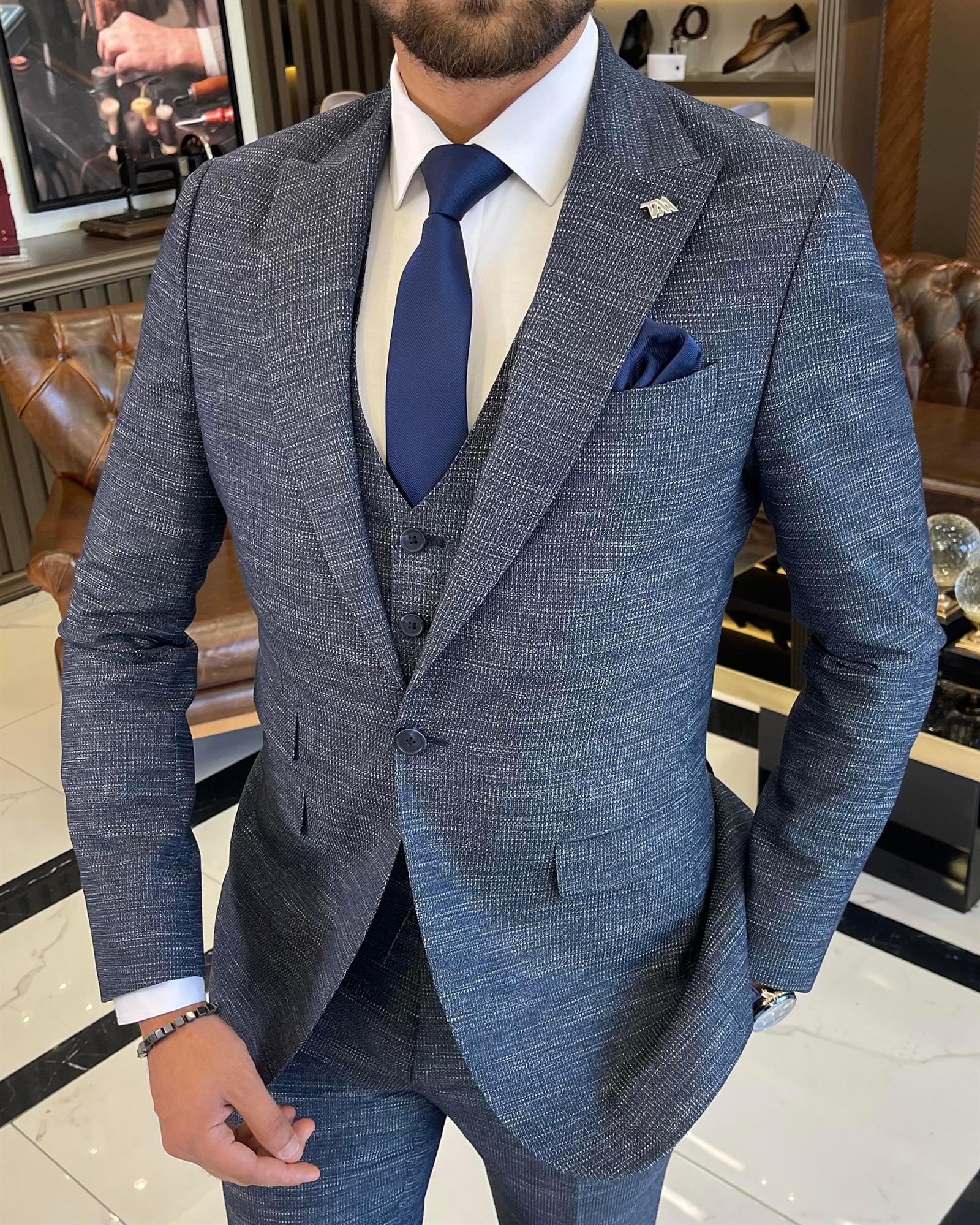 Italian Style Jacket Vest Pants Suit Navy Blue T8630