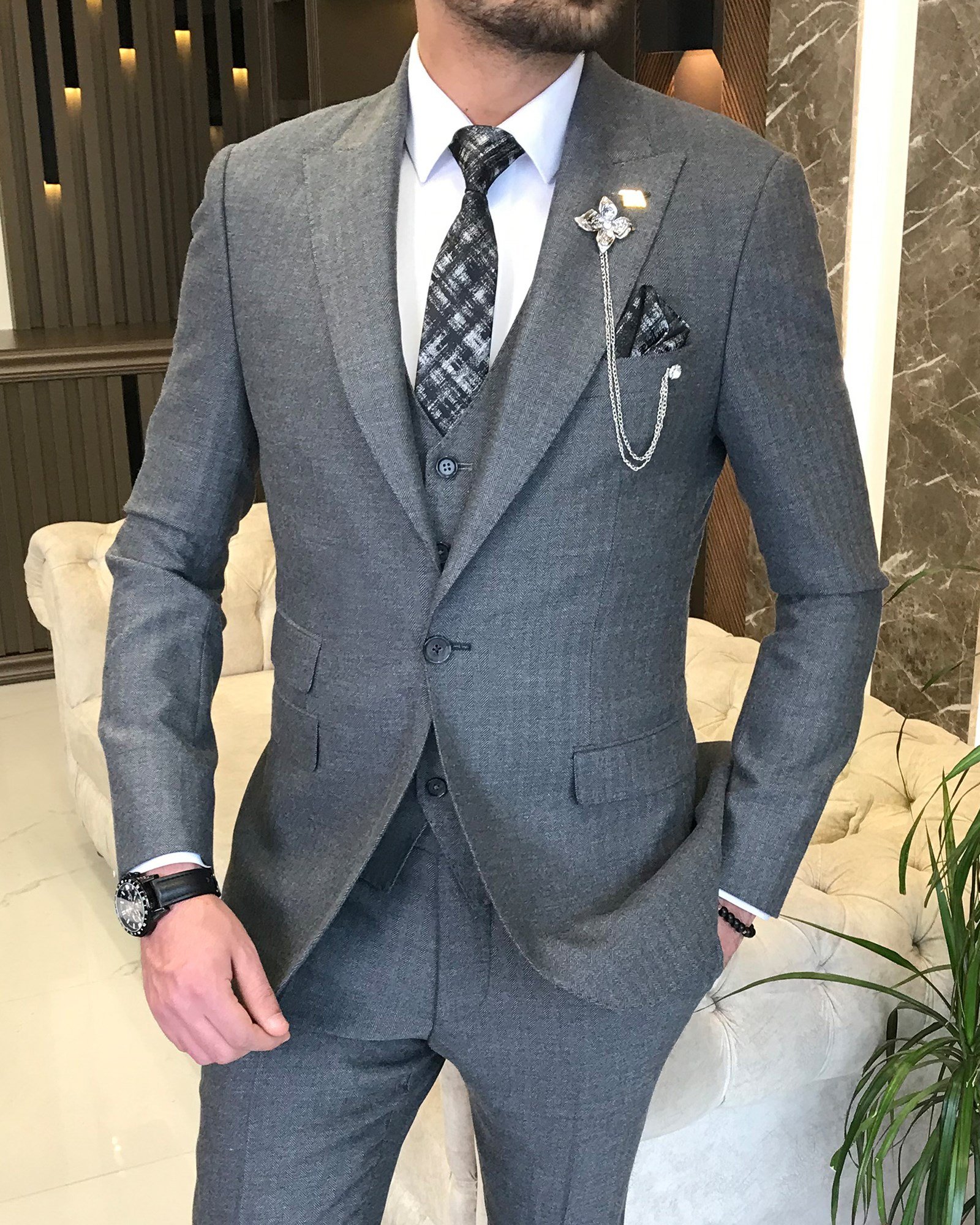 İtalyan stil  ceket yelek pantolon takım elbise Gri T8623