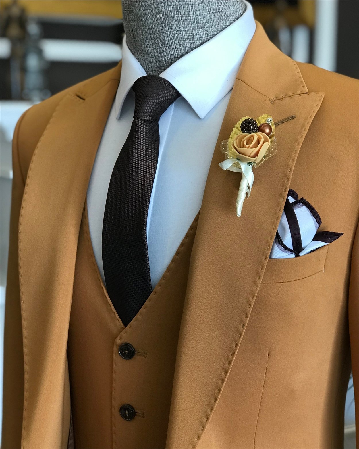 İtalyan stil  ceket yelek pantolon takım elbise camel T6250