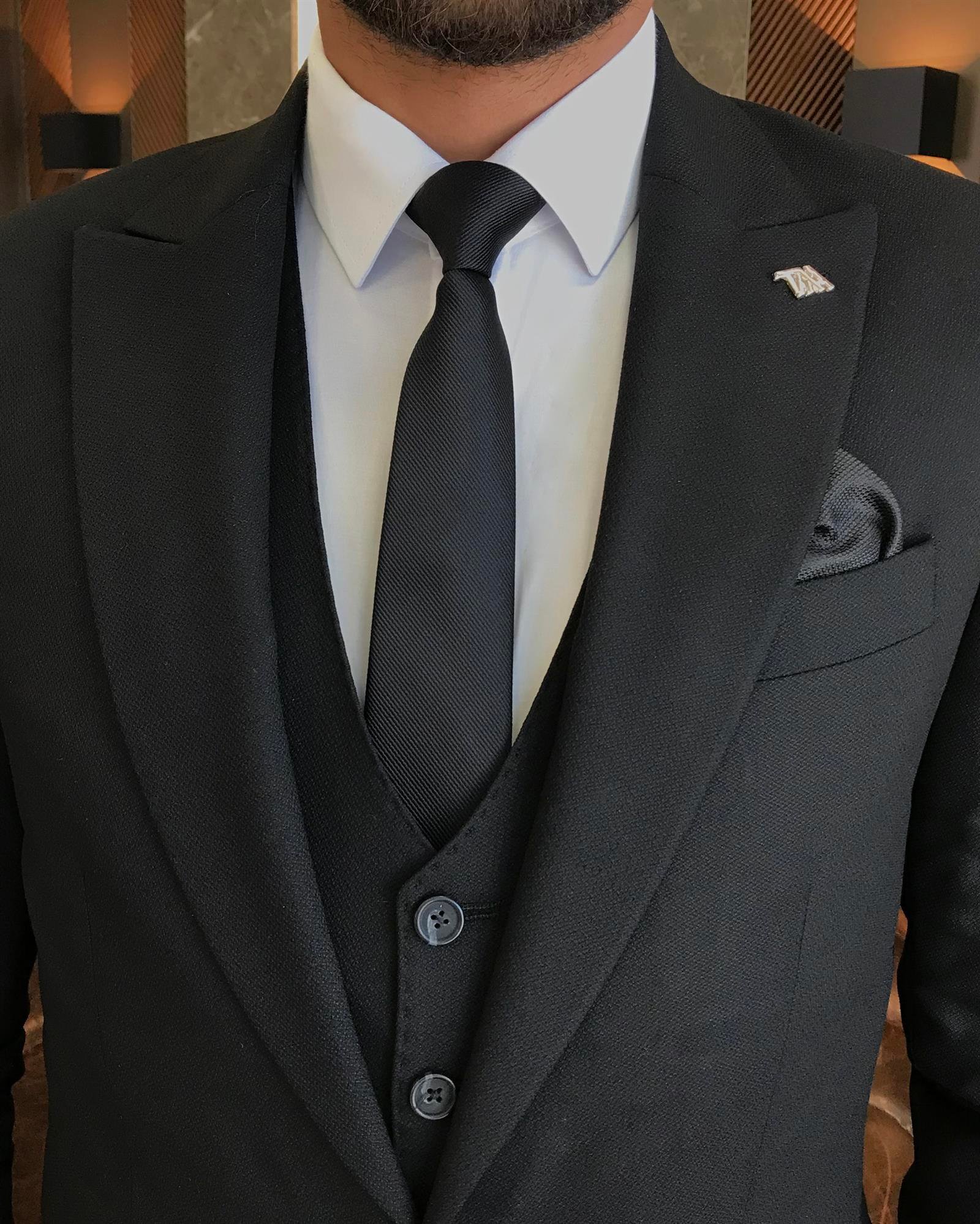 Italian Style Jacket Vest Trousers Amelor Suit Black T5585