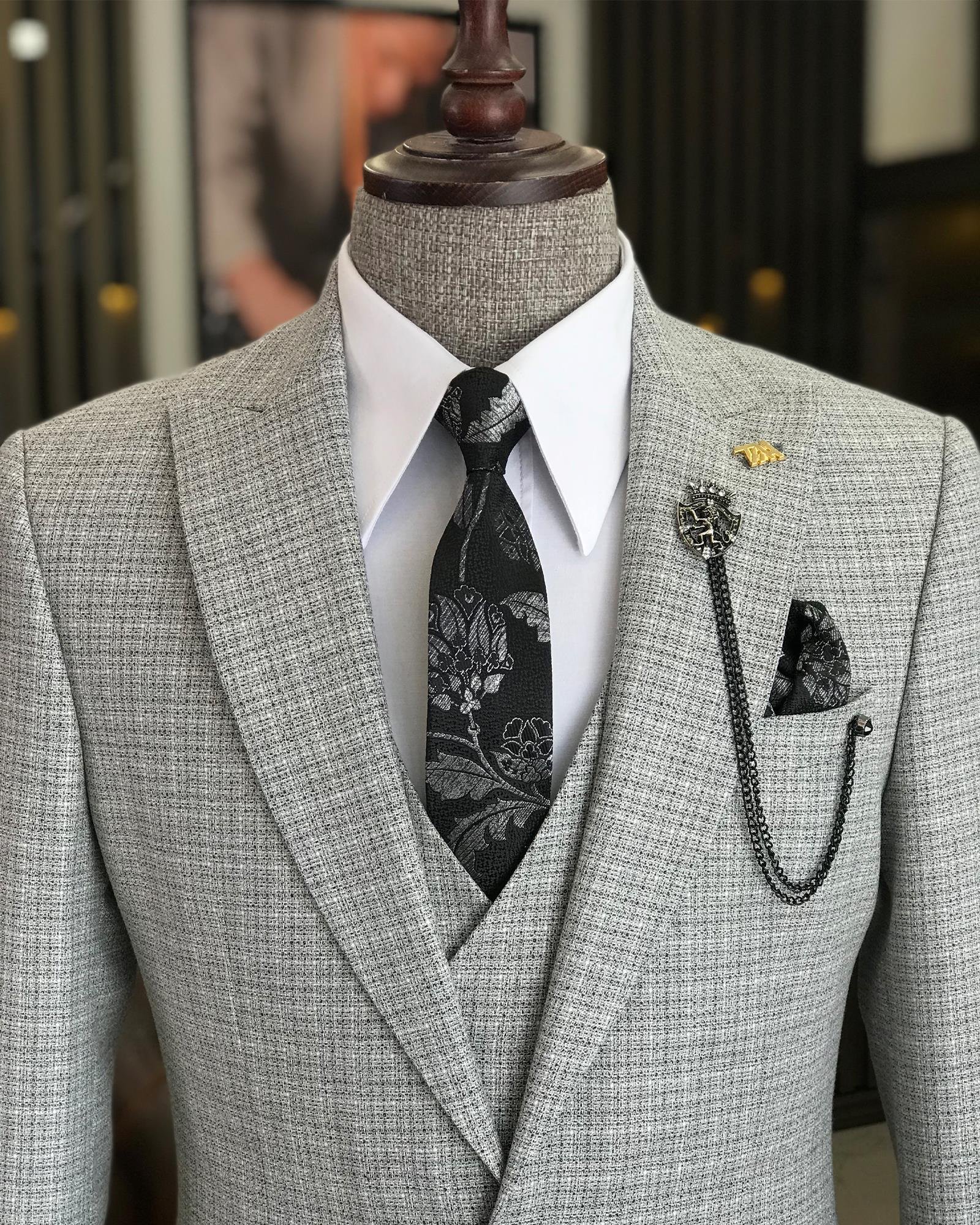 Italian style jacket vest pant suit gray T9096