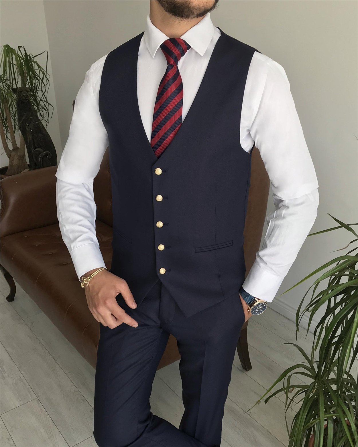 İtalyan stil ceket yelek pantolon takım elbise Lacivert T7666