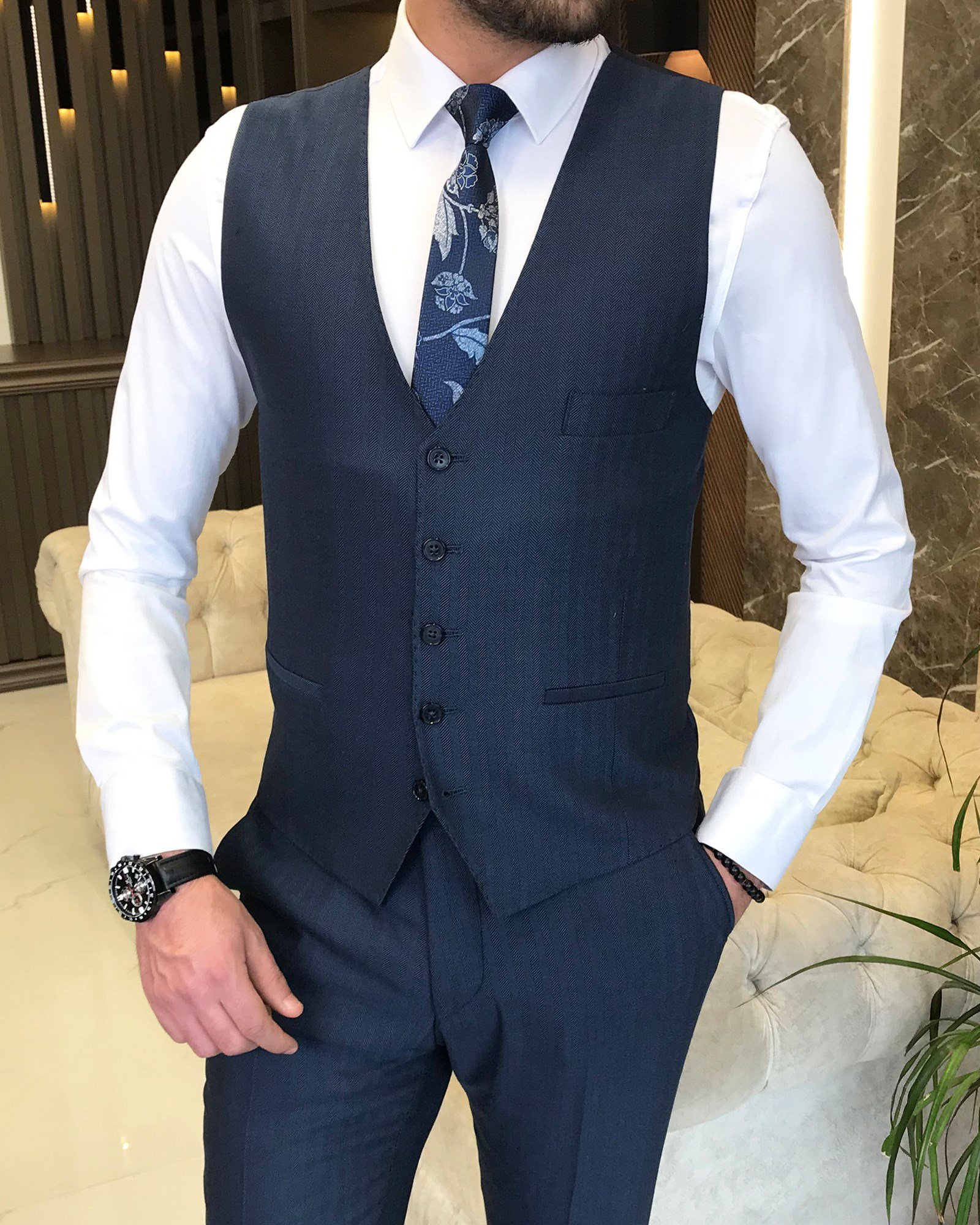 İtalyan stil  ceket yelek pantolon takım elbise Saks T8622
