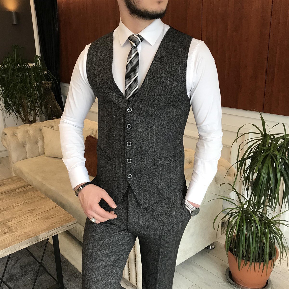 İtalyan stil ceket yelek pantolon takım elbise antrasit T6994