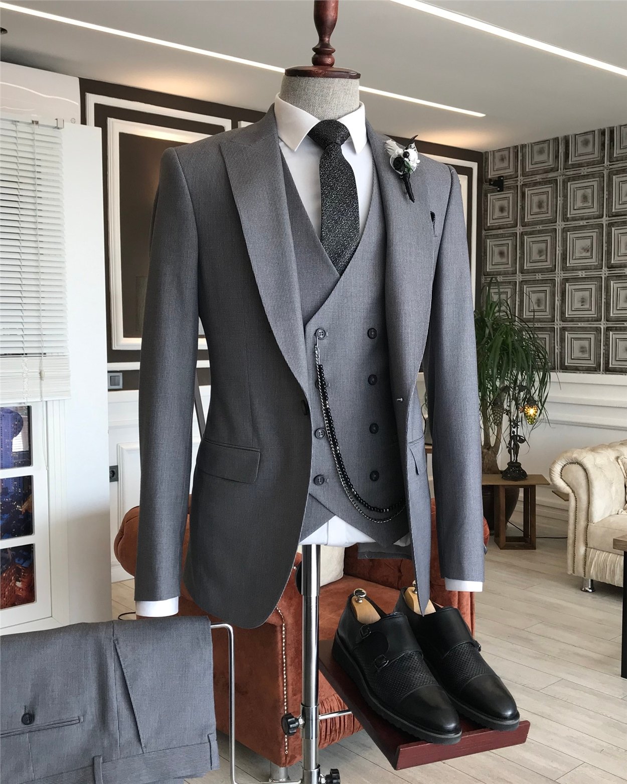 İtalyan stil ceket yelek pantolon takım elbise Gri T5742