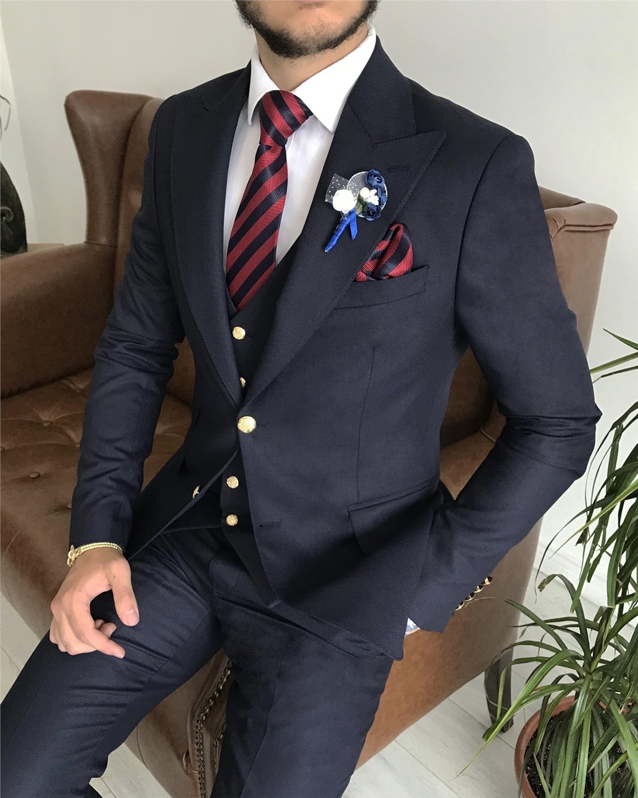 İtalyan stil ceket yelek pantolon takım elbise Lacivert T7666