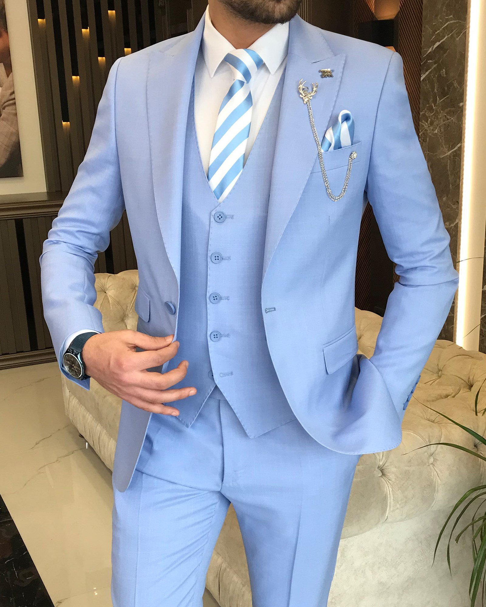 İtalyan stil  ceket yelek pantolon takım elbise Mavi T8634