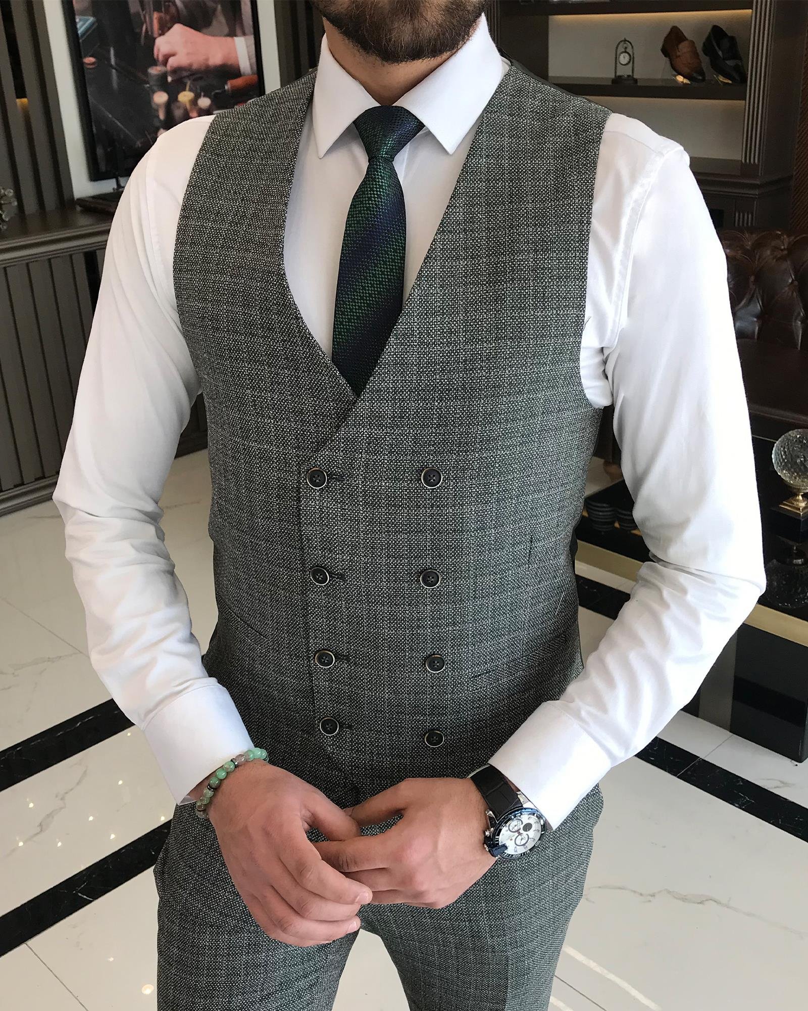 Italian style jacket vest pant suit green T9094