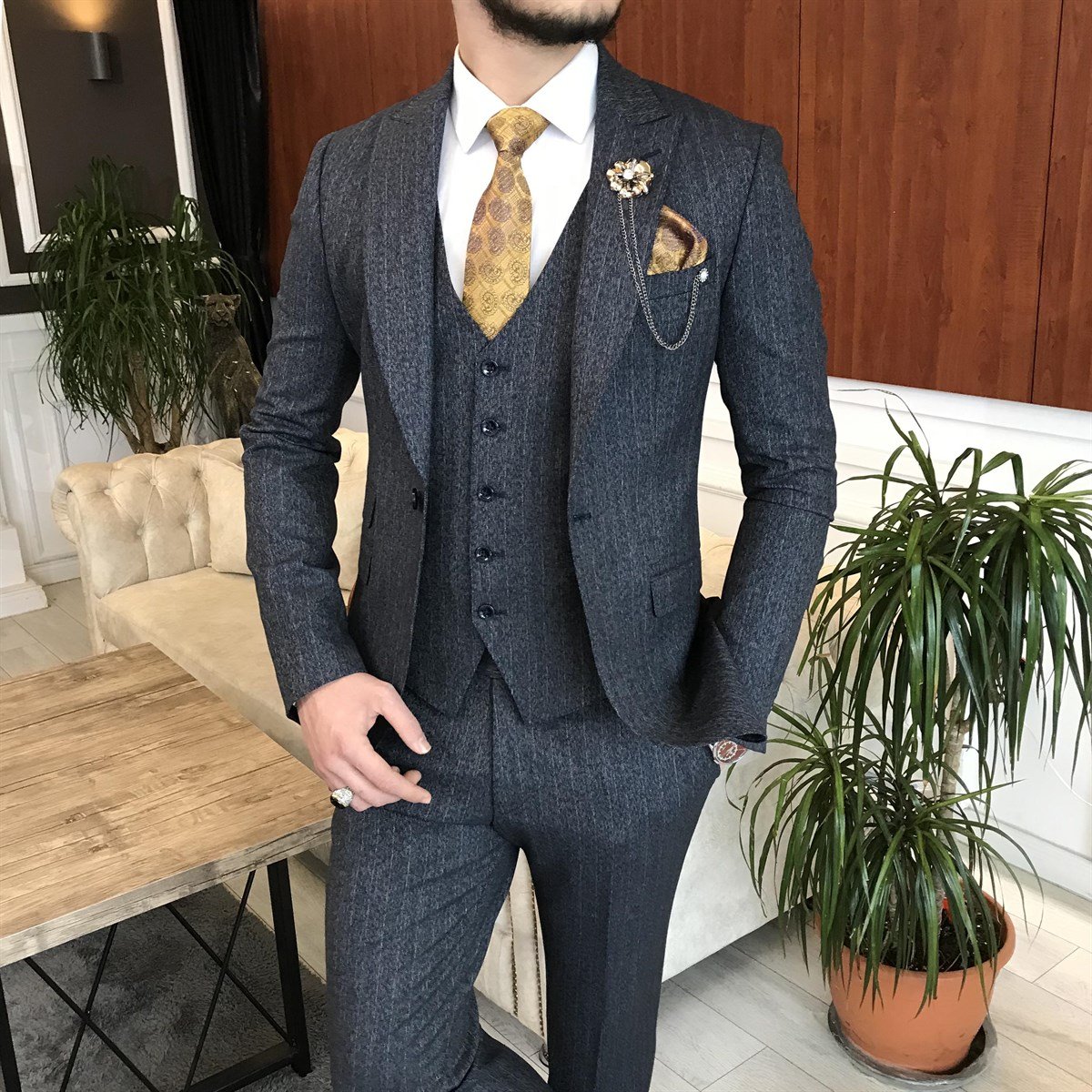 İtalyan stil ceket yelek pantolon takım elbise lacivert  T6993
