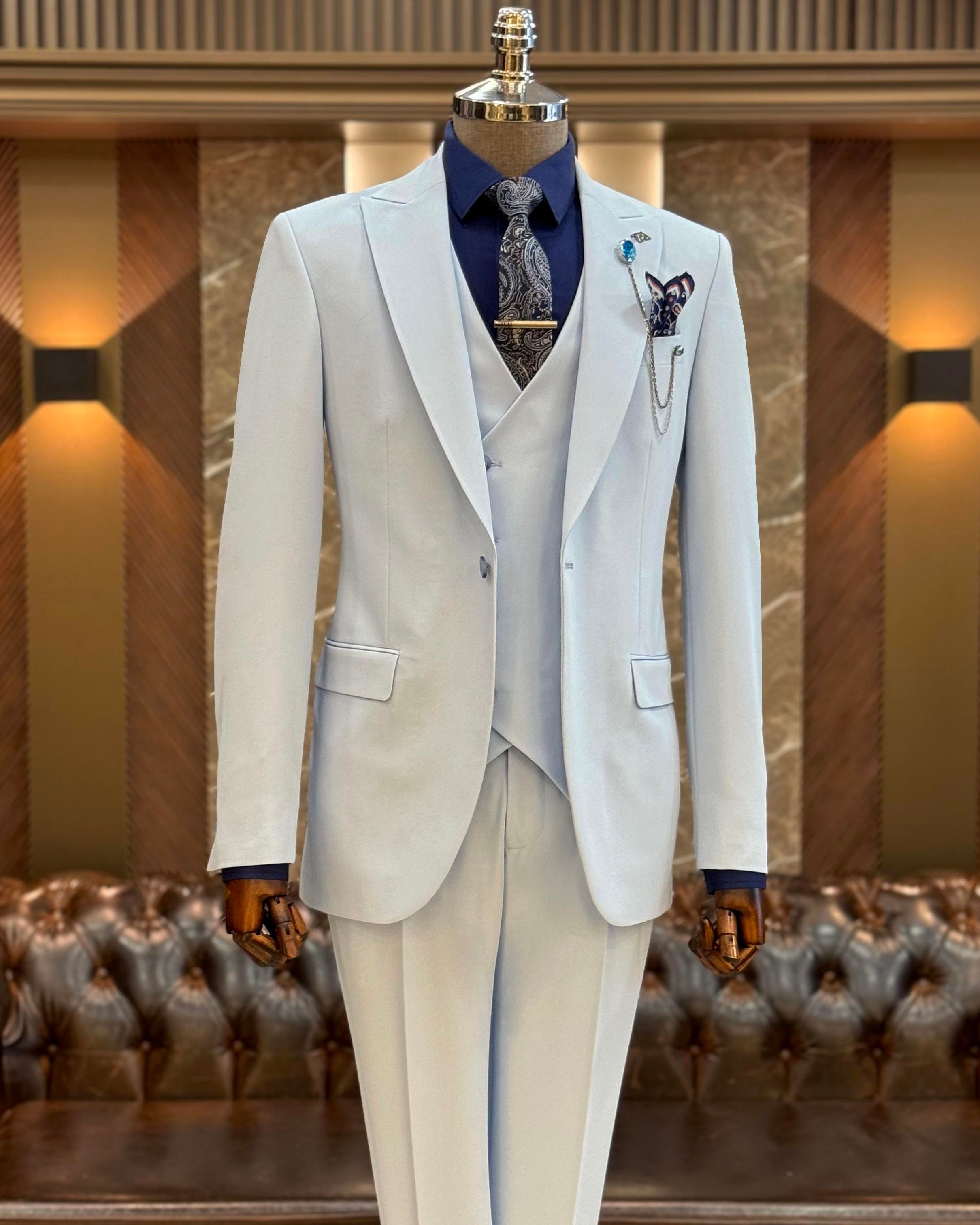 İtalyan stil ceket yelek pantolon takım elbise mavi T12008
