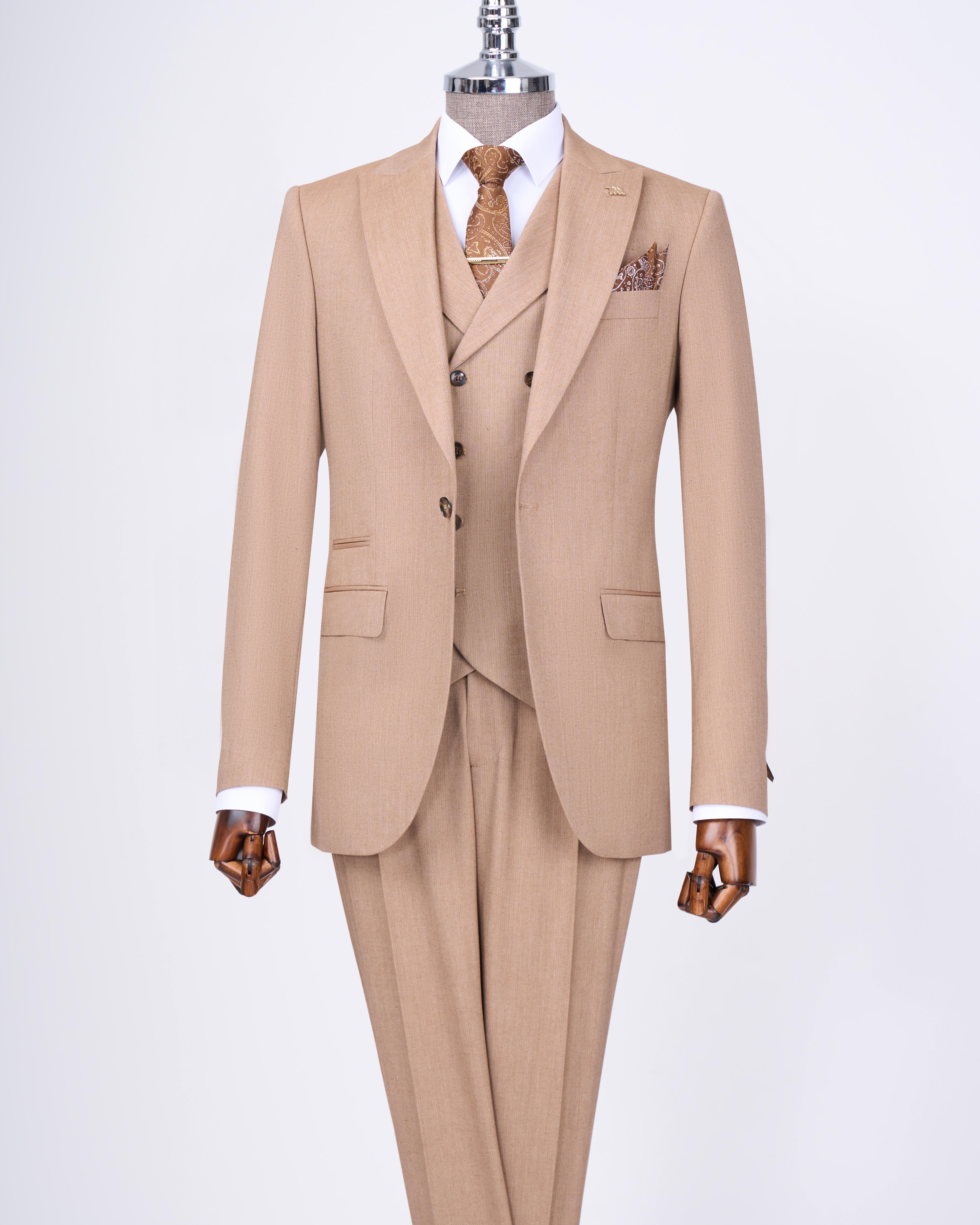 Italian style jacket vest trouser suit camel T12820
