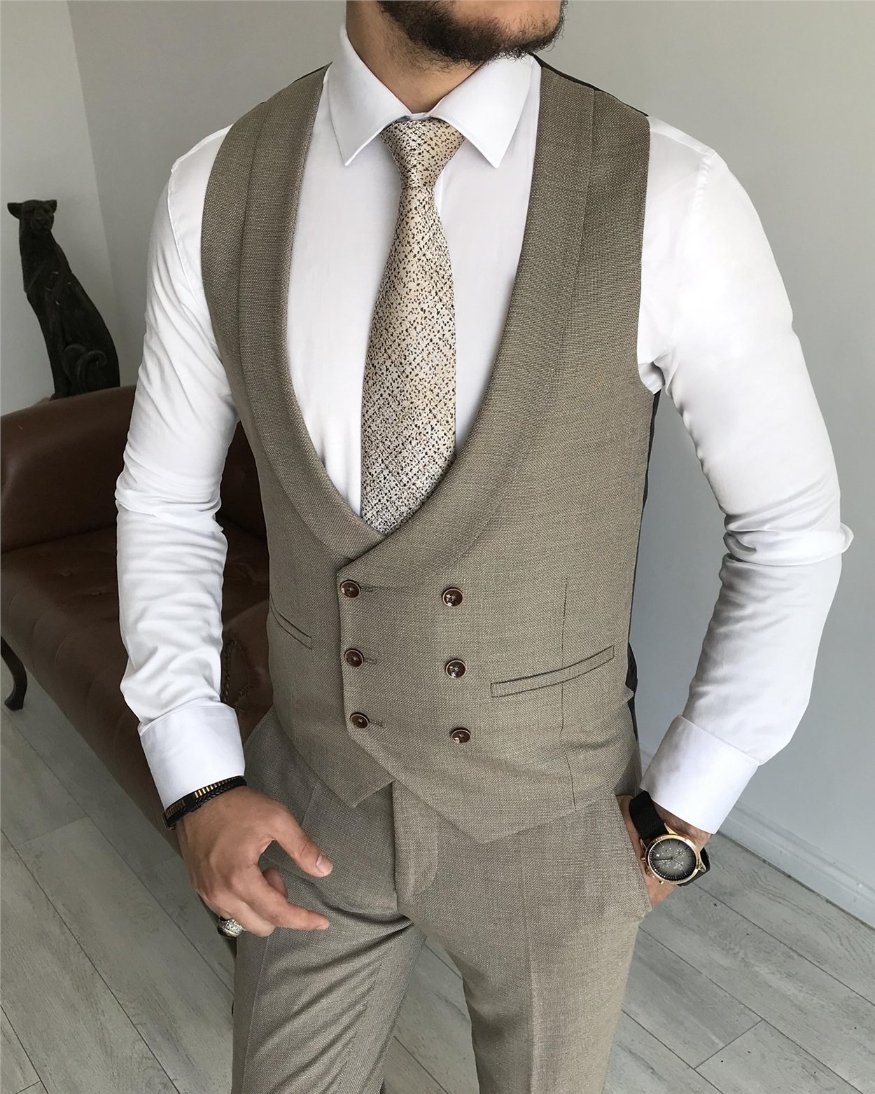 İtalyan stil ceket yelek pantolon takım elbise Vizon T7930