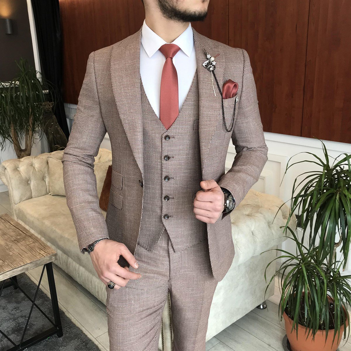 İtalyan stil ceket yelek pantolon takım elbise turuncu T7009