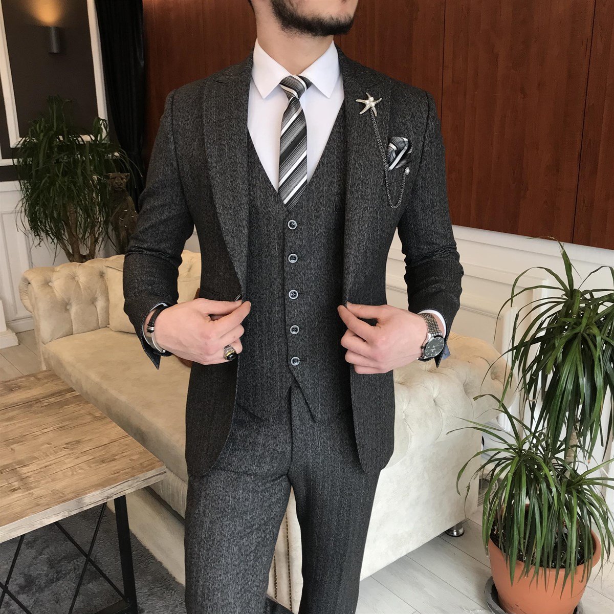 İtalyan stil ceket yelek pantolon takım elbise antrasit T6994