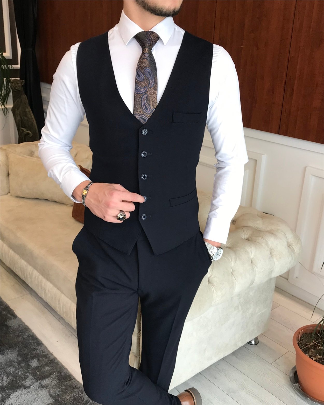 İtalyan stil  ceket yelek pantolon takım elbise lacivert T6252