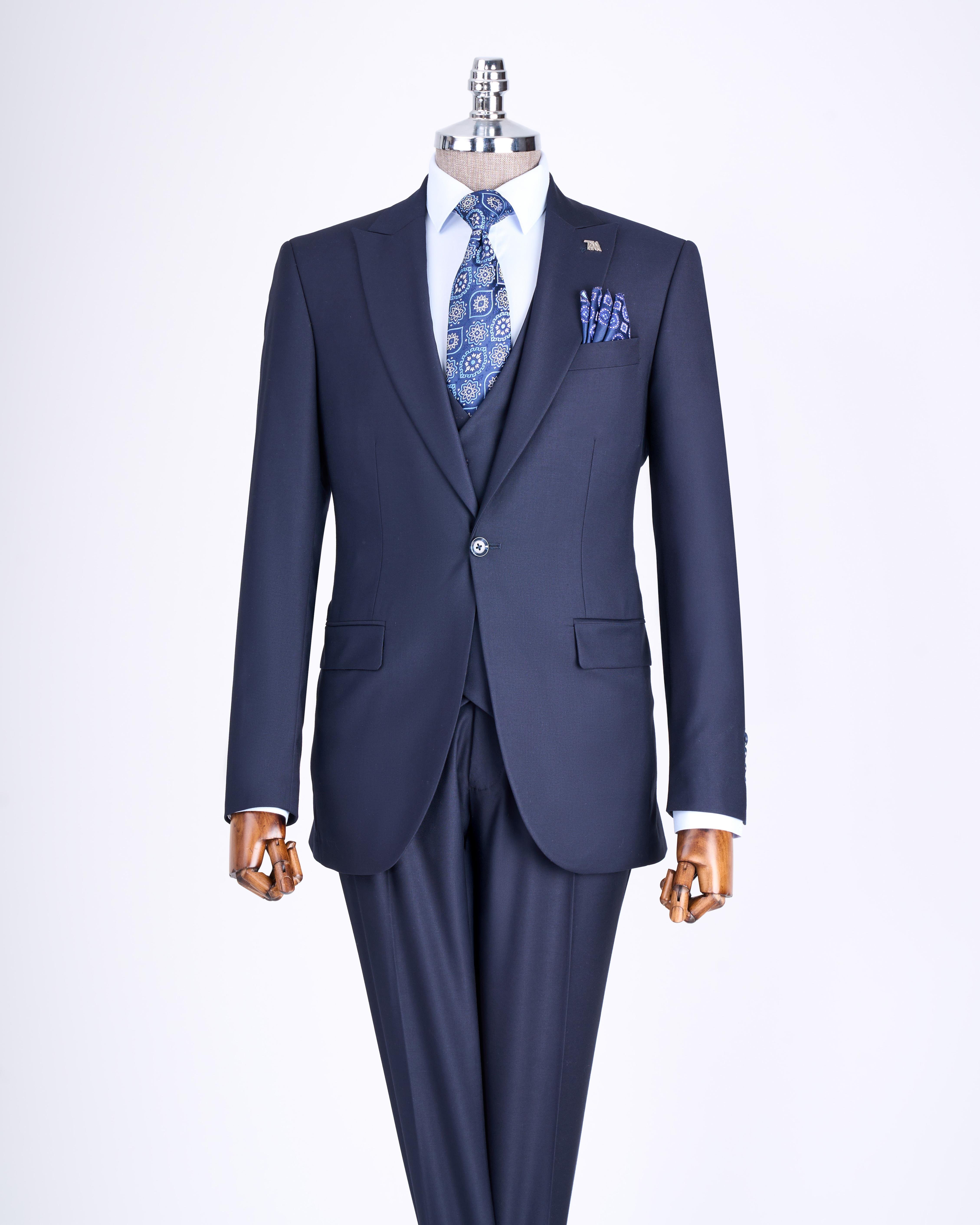 İtalyan stil ceket yelek pantolon takım elbise lacivert T12013