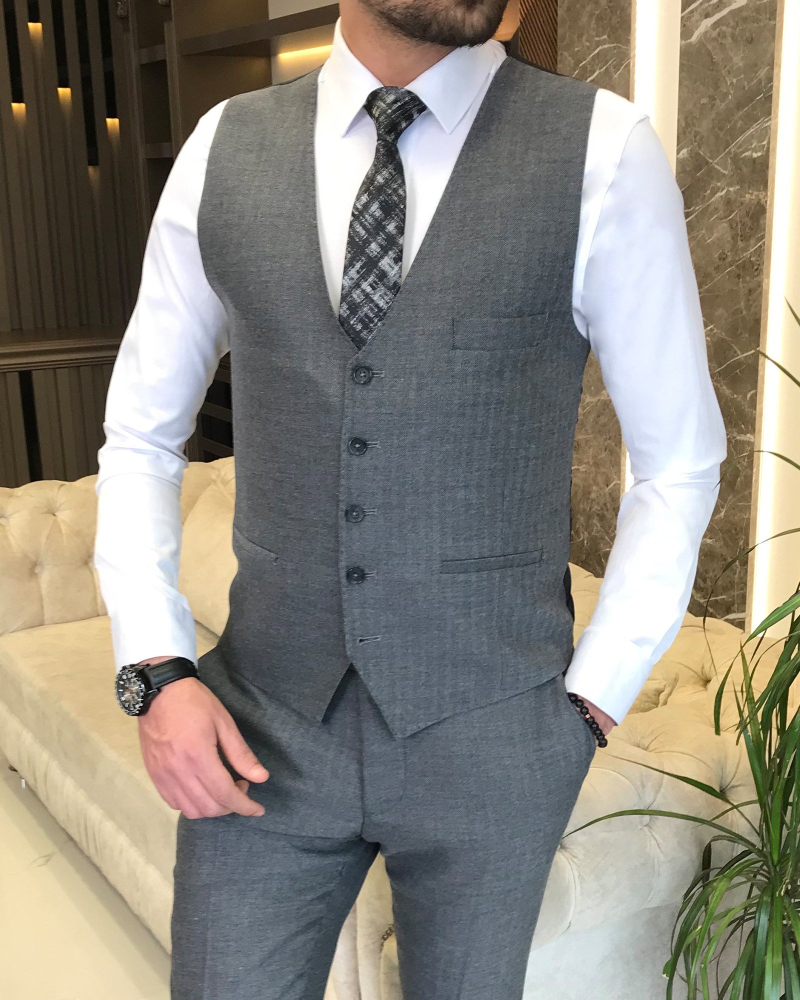 İtalyan stil  ceket yelek pantolon takım elbise Gri T8623