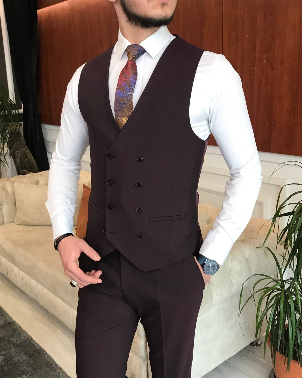 İtalyan stil  ceket yelek pantolon takım elbise Bordo T6777