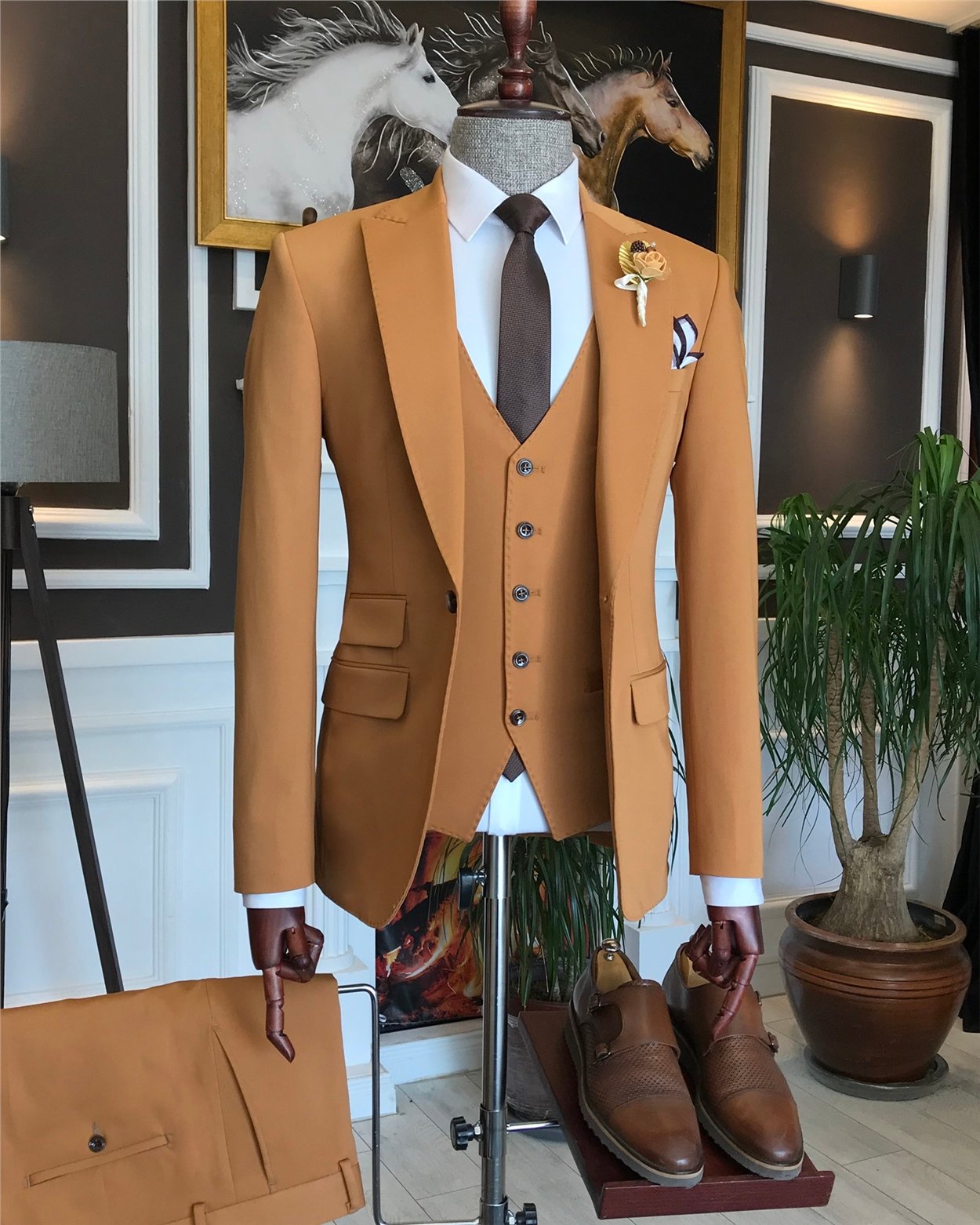İtalyan stil  ceket yelek pantolon takım elbise camel T6250