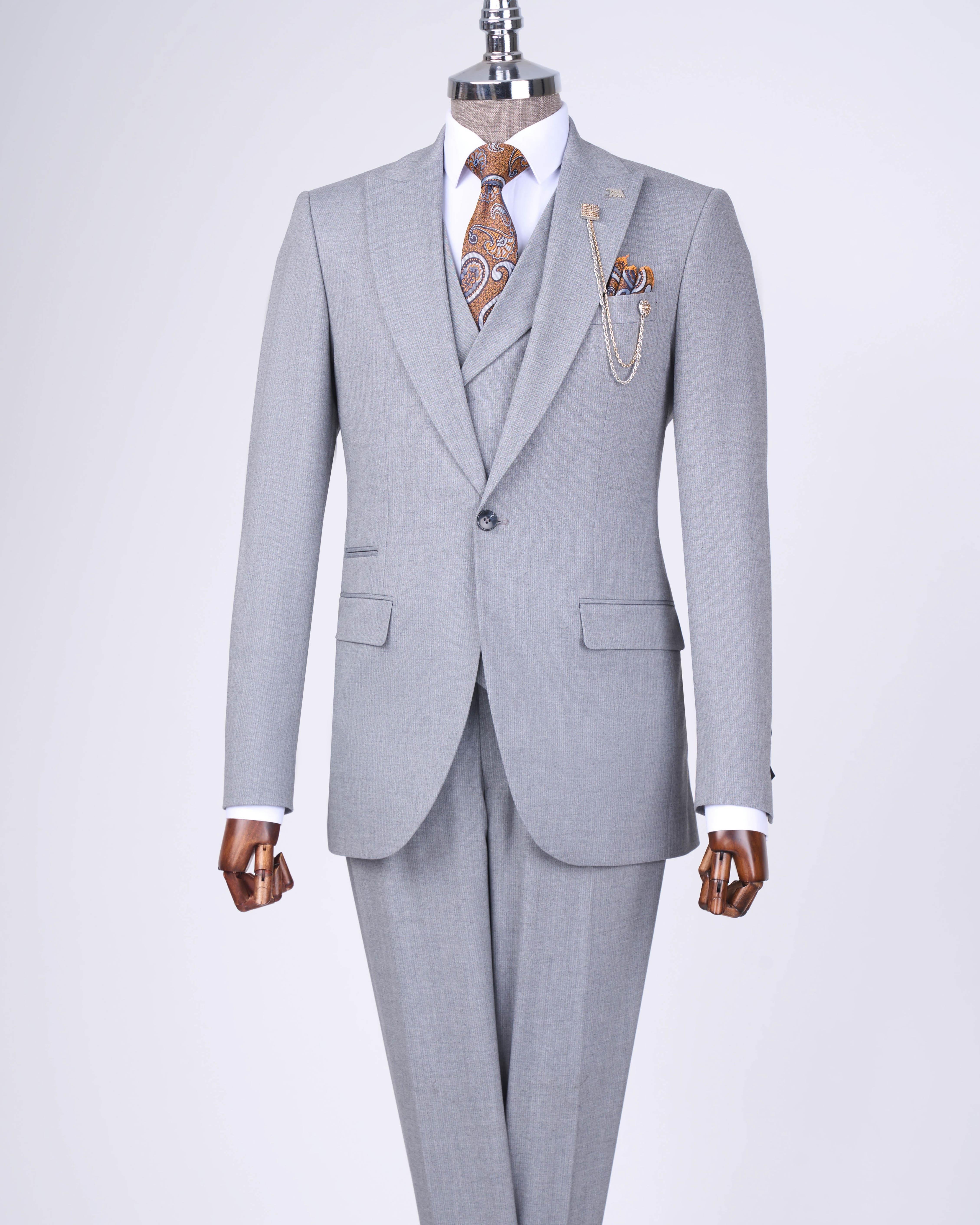 Italian style jacket vest trouser suit light gray T12817