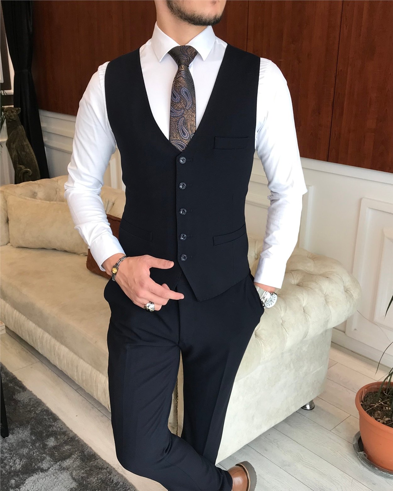 İtalyan stil  ceket yelek pantolon takım elbise lacivert T6252