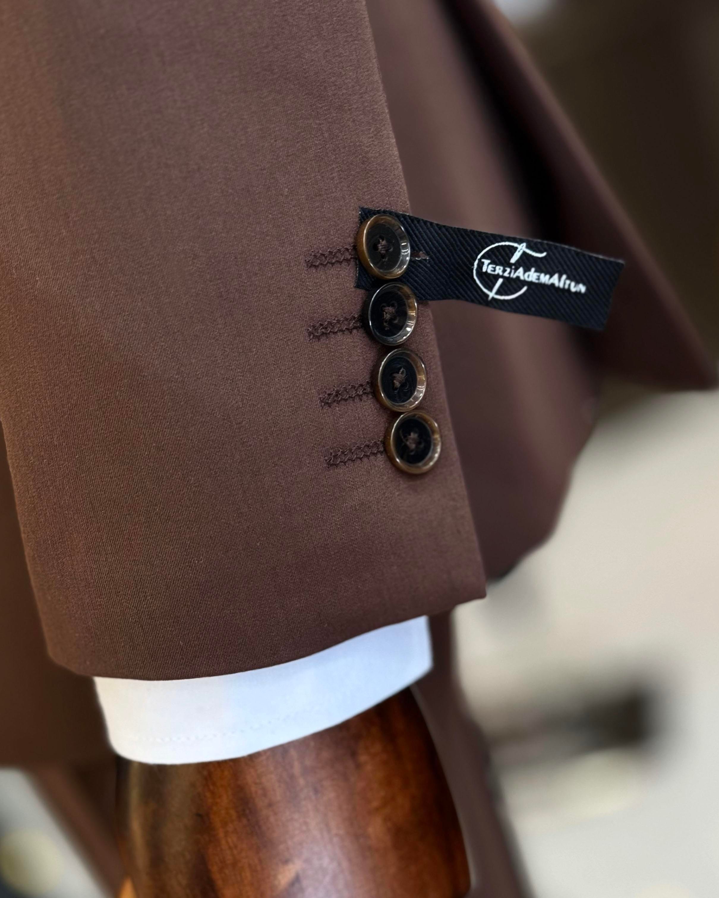 İtalyan stil ceket yelek pantolon takım elbise kahverengi T12015