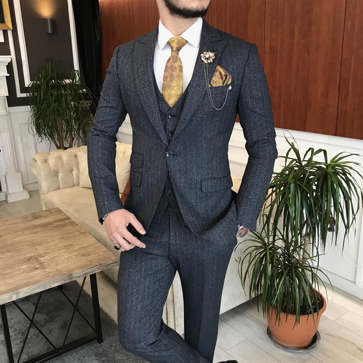 İtalyan stil ceket yelek pantolon takım elbise lacivert  T6993