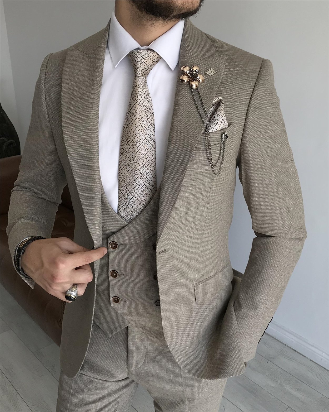 İtalyan stil ceket yelek pantolon takım elbise Vizon T7930