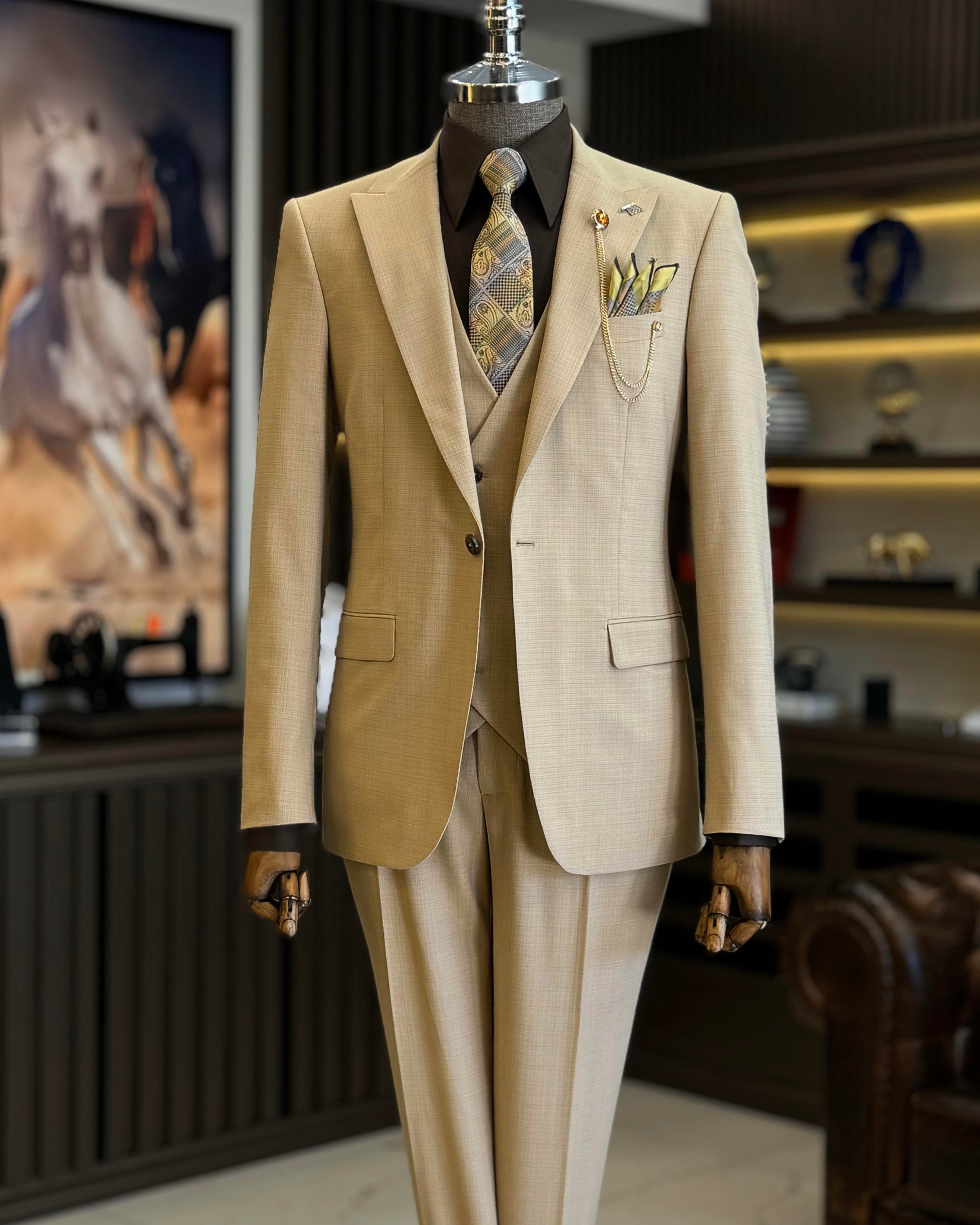 İtalyan stil ceket yelek pantolon takım elbise bej T12855