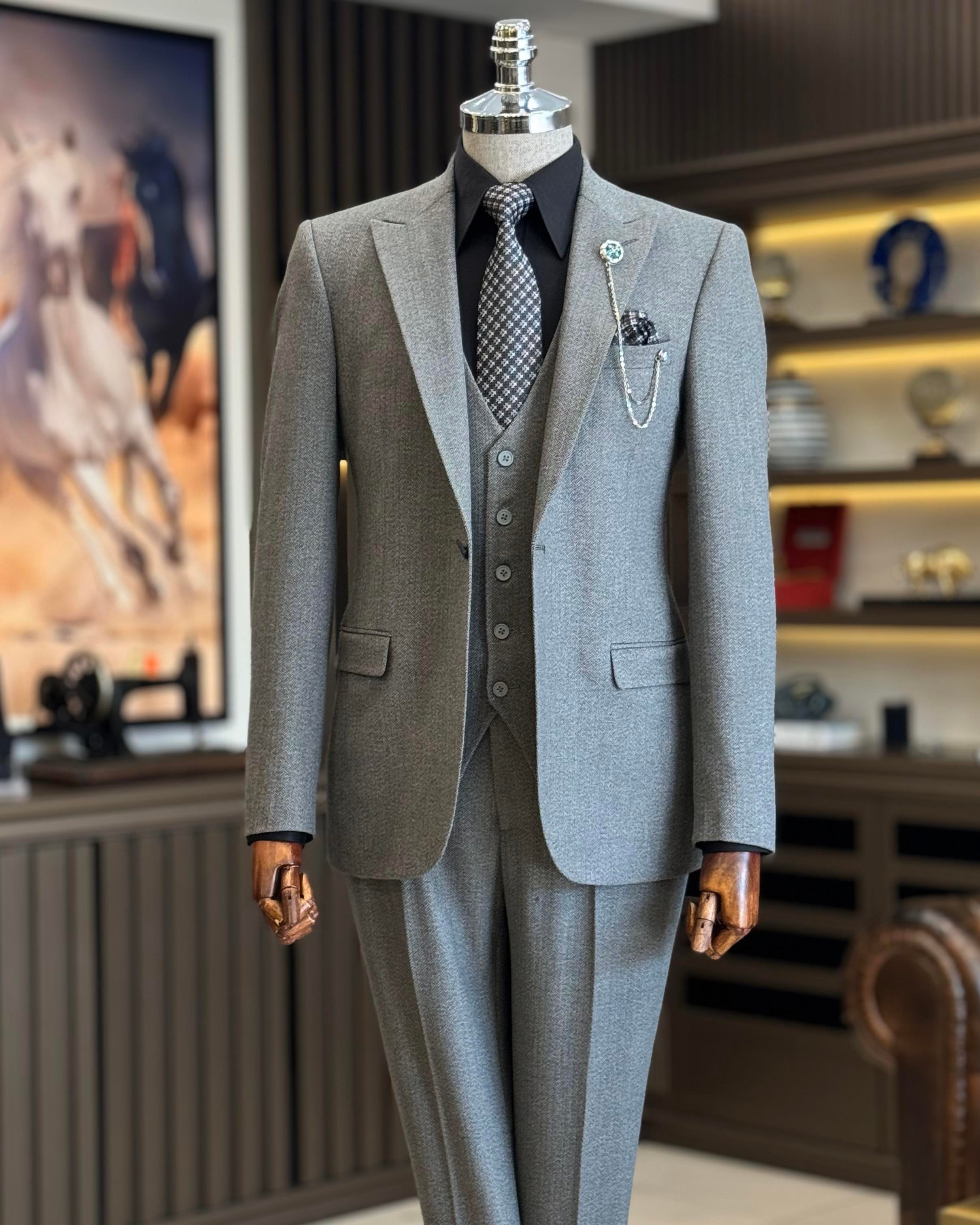 İtalyan stil ceket yelek pantolon takım elbise gri T12879
