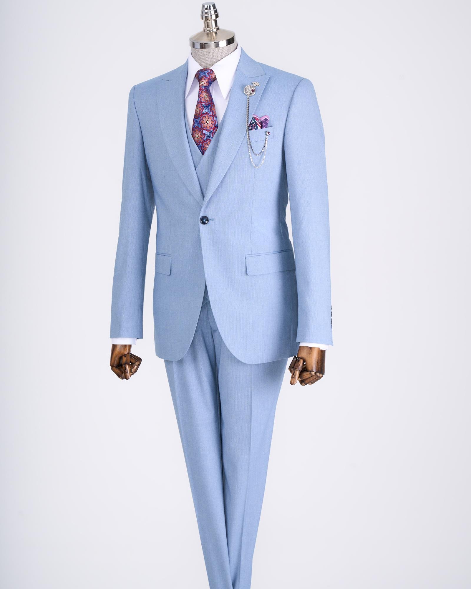 İtalyan stil ceket yelek pantolon takım elbise mavi T12809